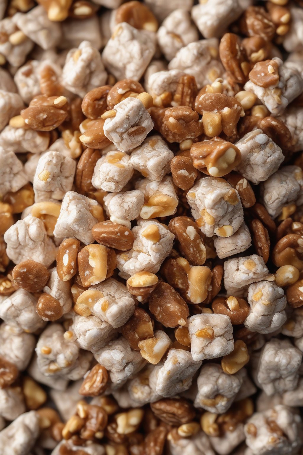 A high-resolution close-up photo of salted caramel muddy buddies with golden toffee flecks and nuts under soft lighting.