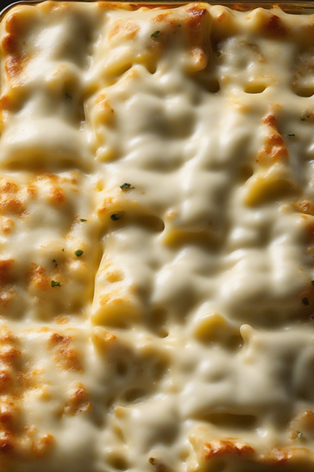 A high-resolution photo of four-cheese white lasagna oozing multiple cheese varieties, under soft lighting.
