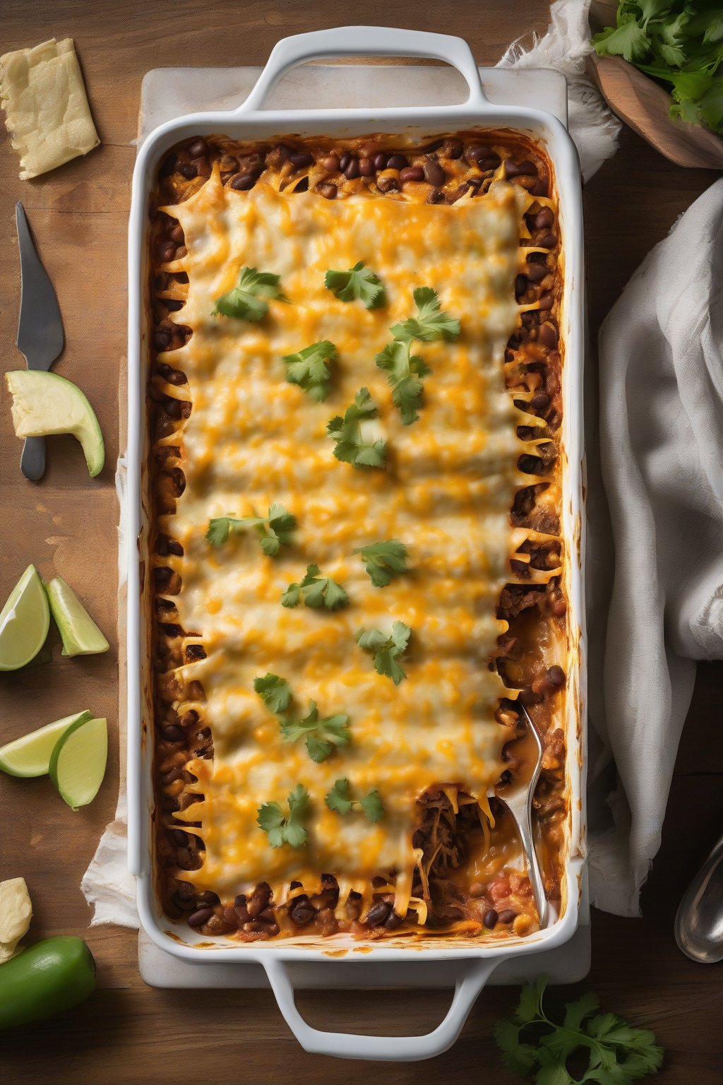 A high-resolution photo of Mexican lasagna with layered tortillas, beef, beans, and melted cheddar, under soft lighting.
