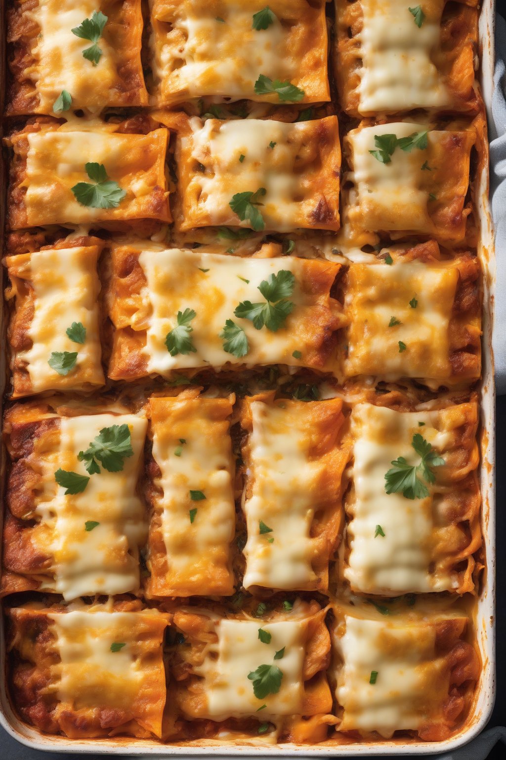 A high-resolution photo of sweet potato lasagna slices revealing orange potato layers with cheese, under soft lighting.