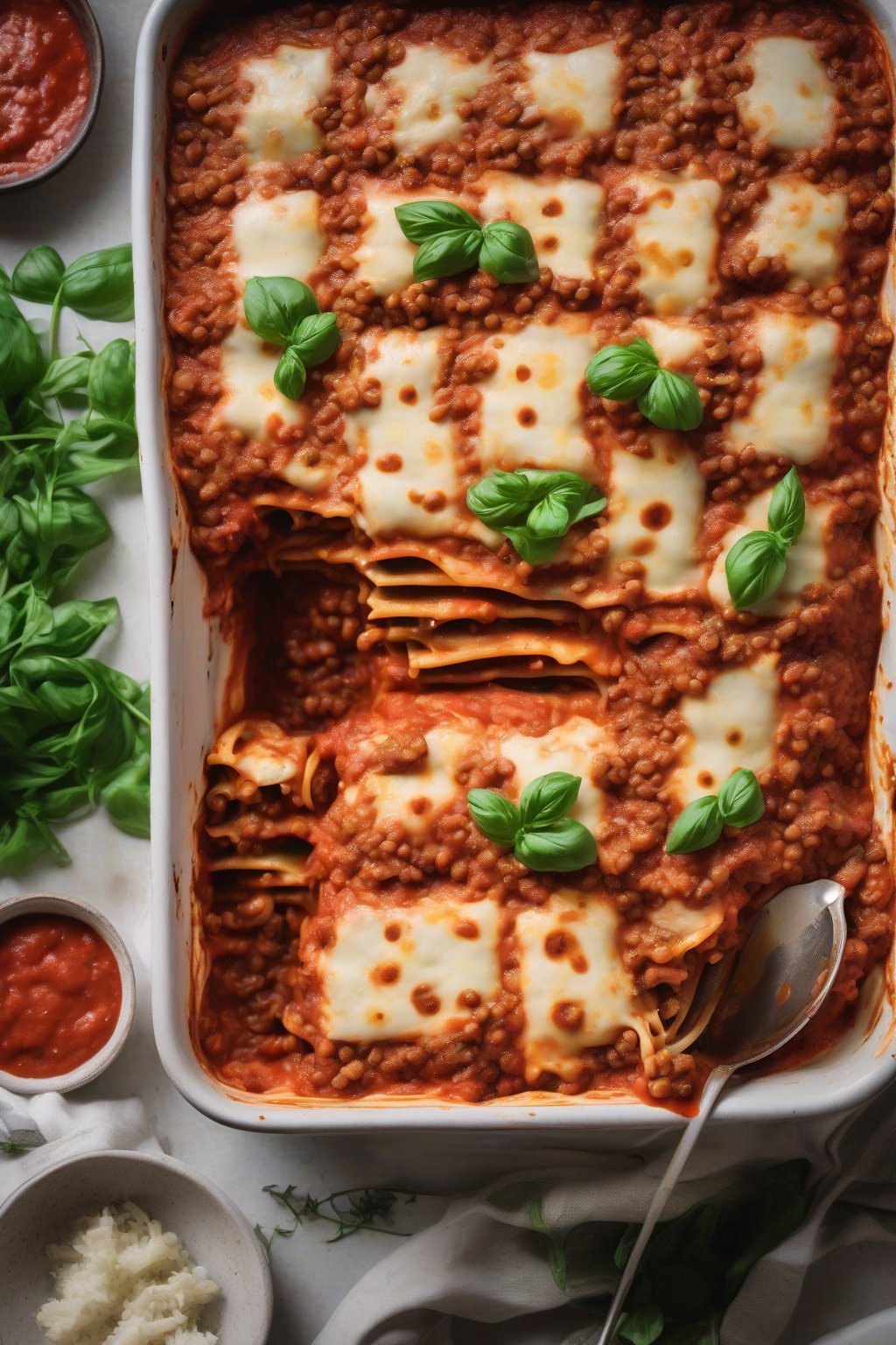 A high-resolution photo of vegan lentil lasagna with rich red sauce and plant-based cheese melt, under soft lighting.