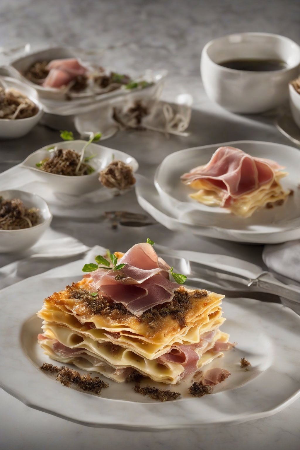 A high-resolution photo of truffle prosciutto lasagna garnished with shaved truffles and prosciutto crisps, under soft lighting.