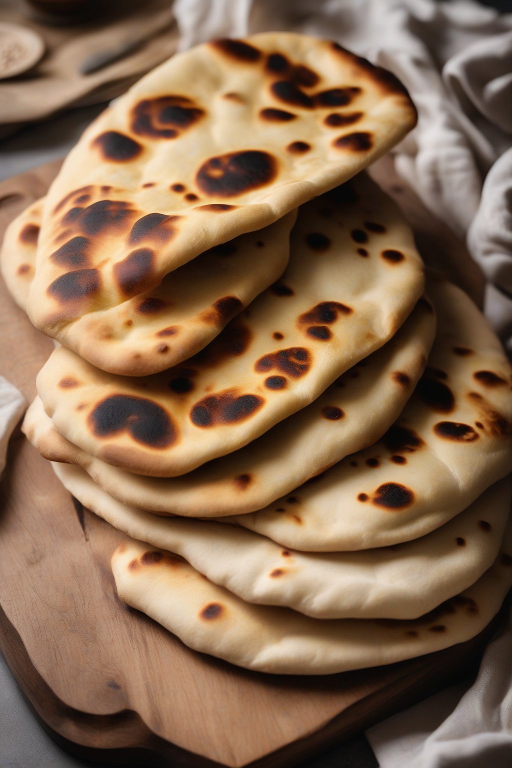 A high-resolution photo of pillowy plain naan bread stacked on a wooden board, golden with charred spots, under soft lighting.