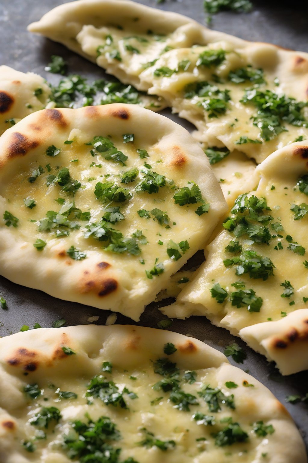 A high-resolution photo of garlic butter naan glistening with melted butter and chopped cilantro, torn open to show fluffy interior, under soft lighting.