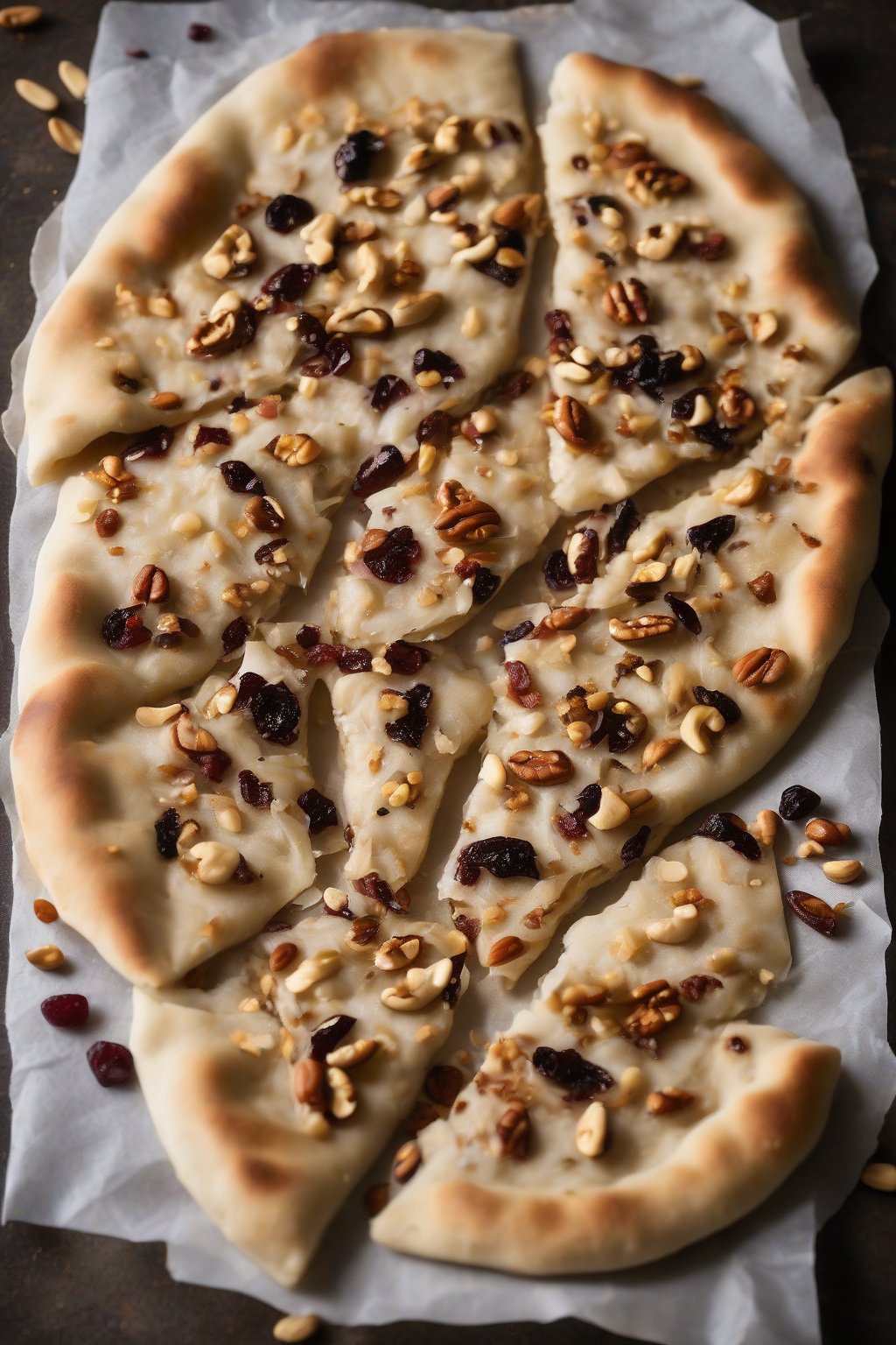 A high-resolution photo of Peshawari naan topped with nuts and raisins, cracked open to reveal coconut filling, under soft lighting.
