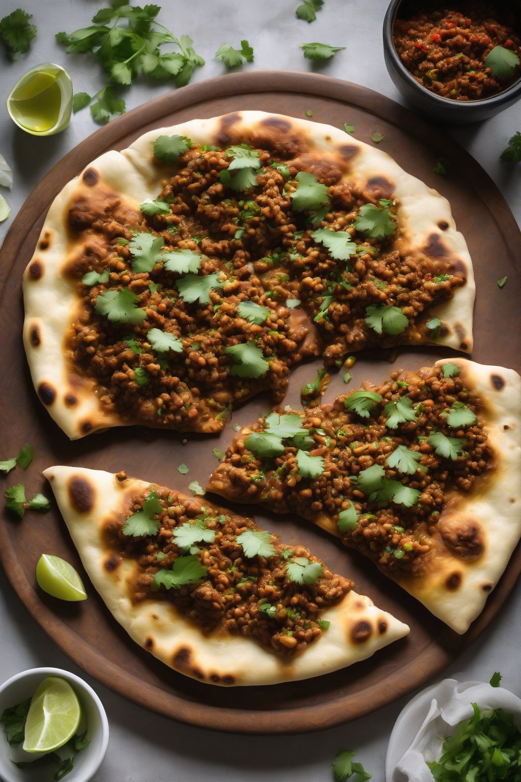 A high-resolution photo of keema naan with spiced meat spilling out, garnished with cilantro, under soft lighting.