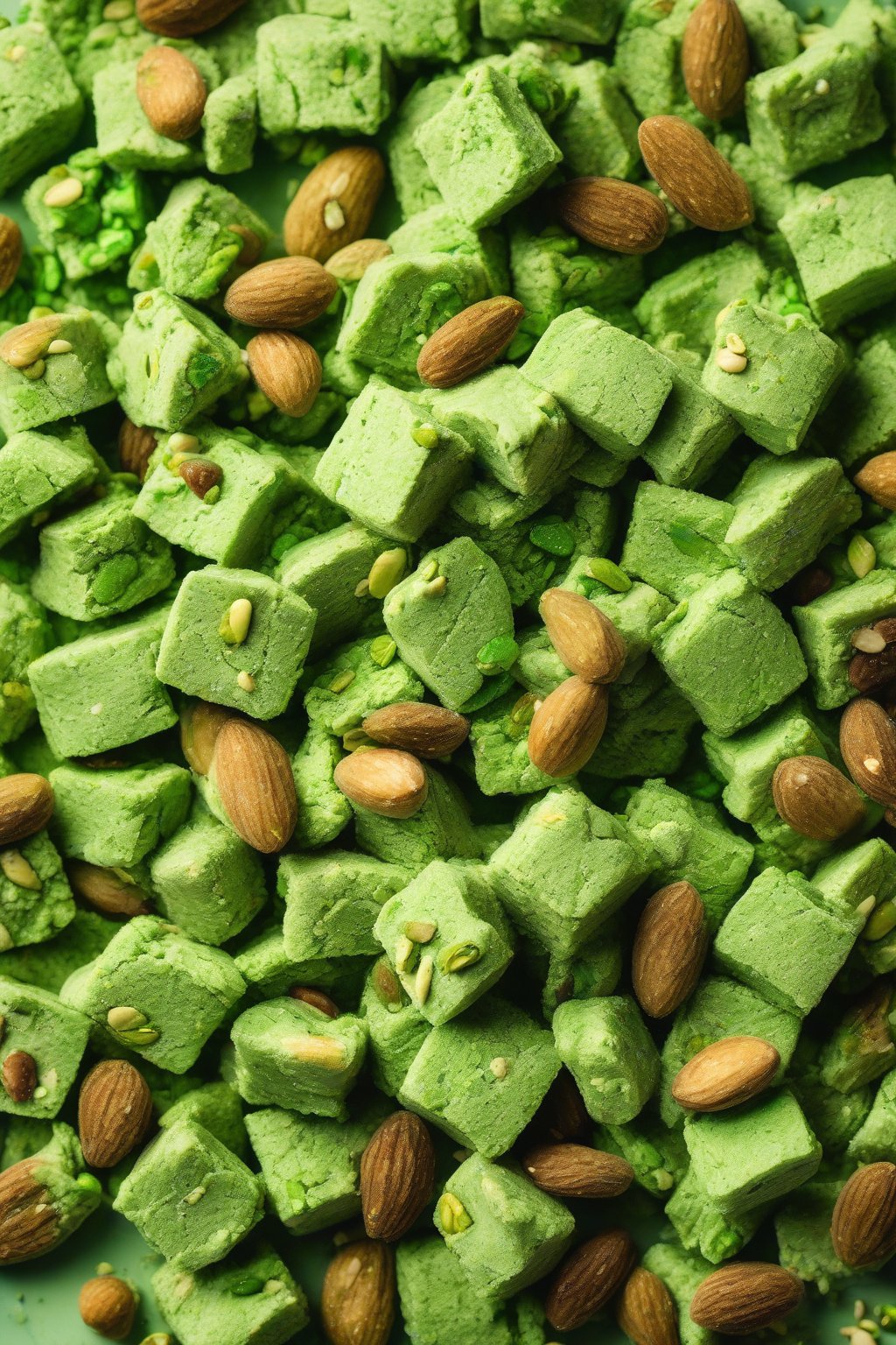 A high-resolution close-up photo of vibrant green matcha muddy buddies with pistachio bits under soft lighting.