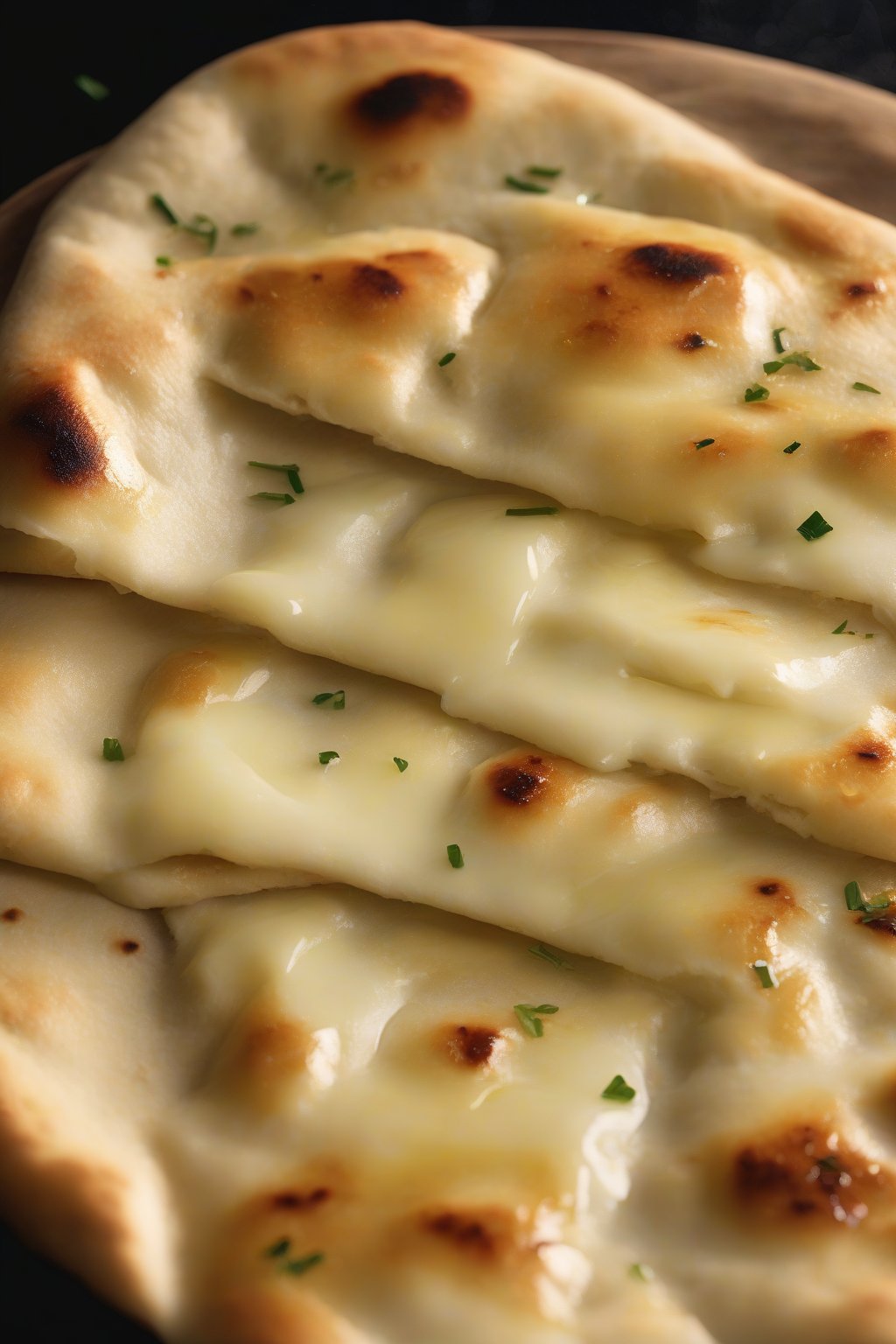A high-resolution photo of butter naan shining with layers of melted butter, steam rising, under soft lighting.