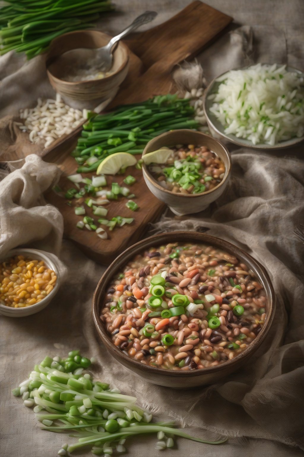 A high-resolution photo of steaming Hoppin' John in a rustic bowl, garnished with green onions under soft lighting.