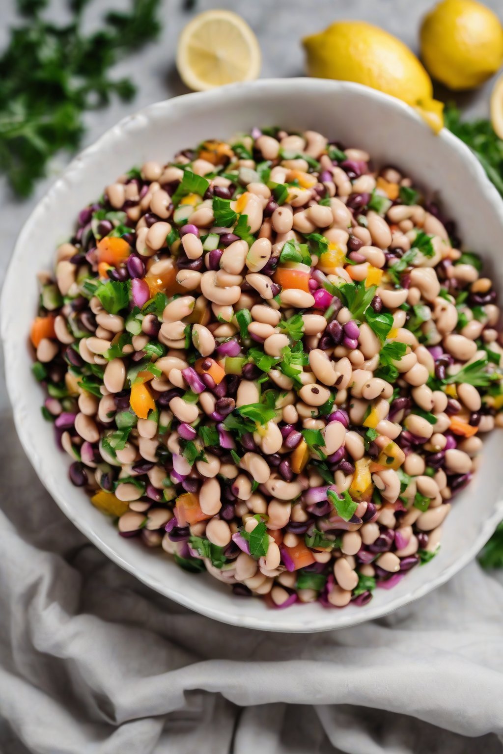A high-resolution photo of colorful black eyed pea salad in a white bowl, drizzled with lemon under soft lighting.