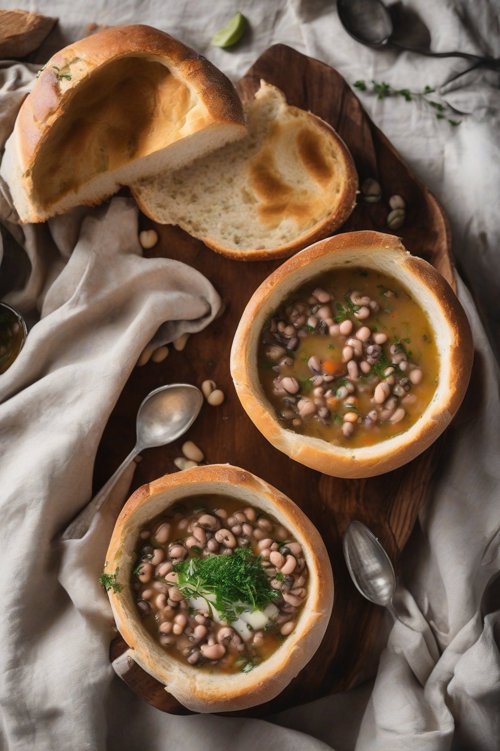 A high-resolution photo of black eyed pea soup in a bread bowl, topped with herbs under soft lighting.