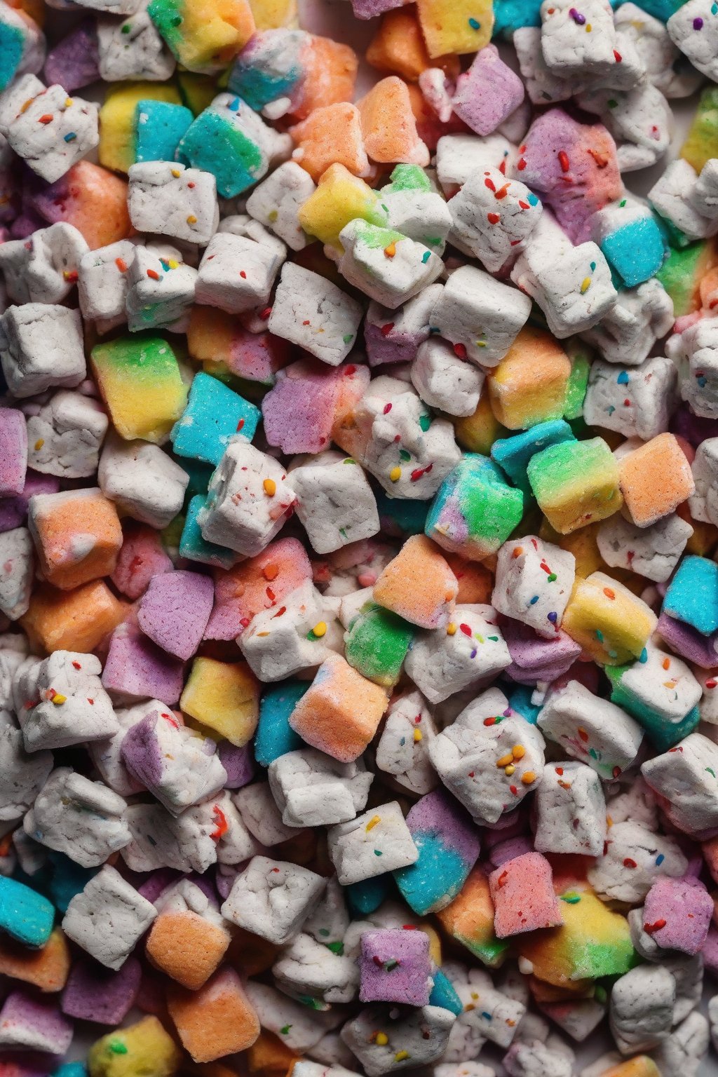 A high-resolution close-up photo of colorful funfetti muddy buddies overflowing with rainbow sprinkles under soft lighting.