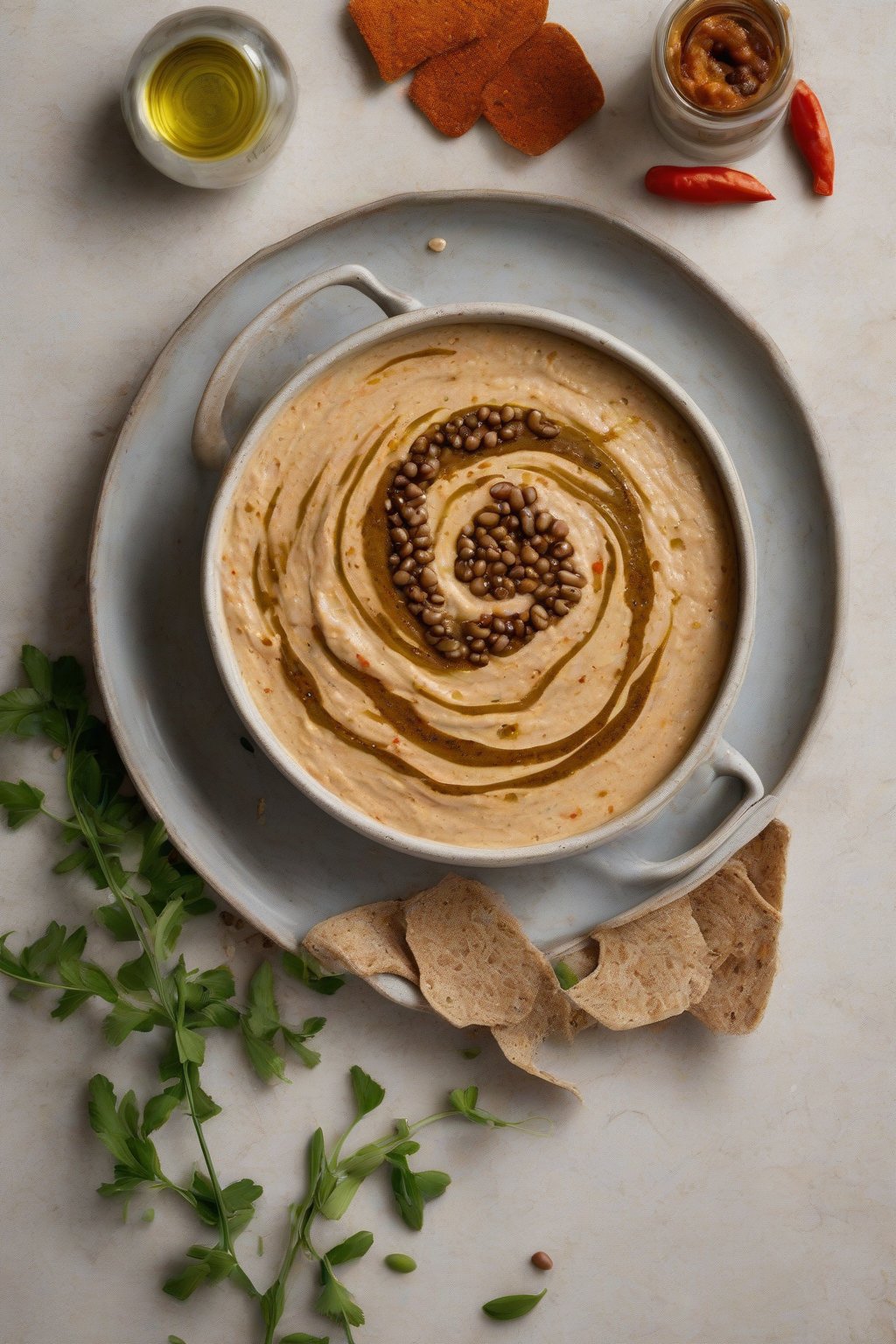A high-resolution photo of black eyed pea hummus in a shallow dish with olive oil swirl and paprika under soft lighting.