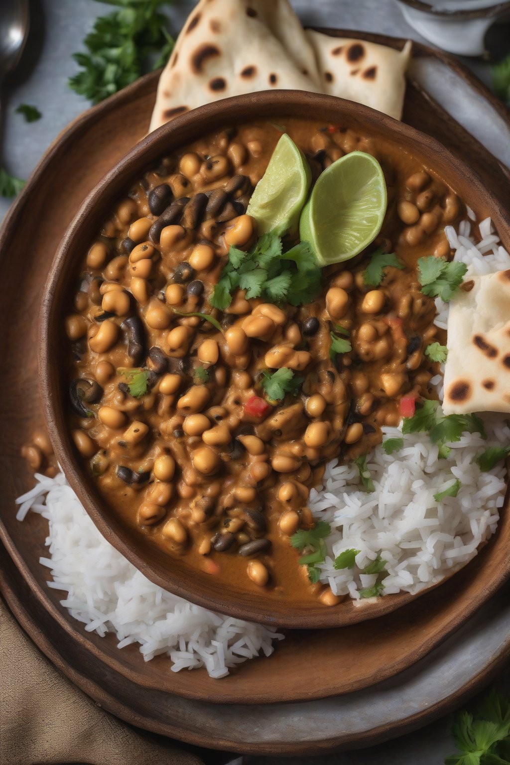 A high-resolution photo of black eyed pea curry in a coconut bowl with naan on the side under soft lighting.