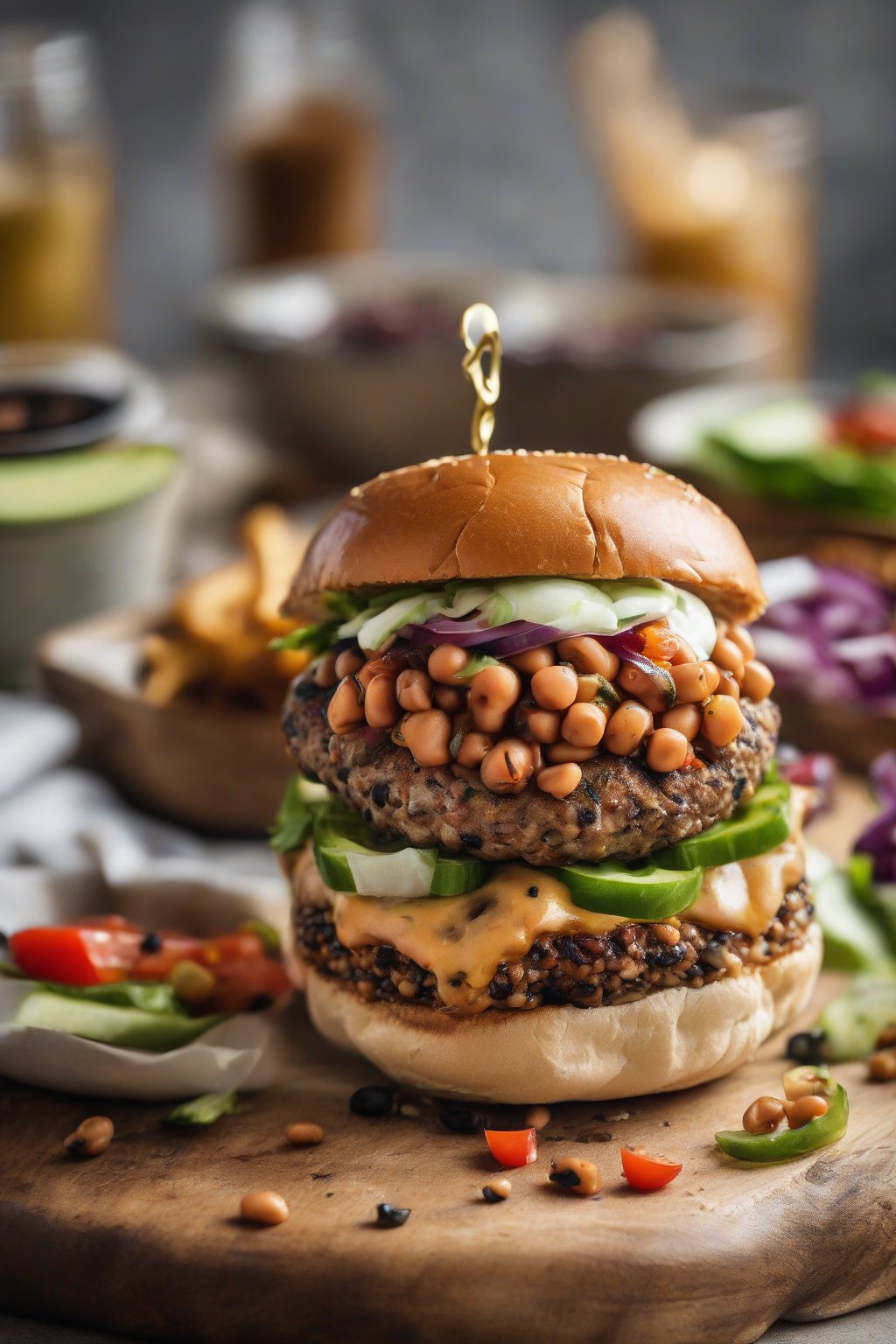 A high-resolution photo of stacked black eyed pea burger on a bun with fresh toppings under soft lighting.
