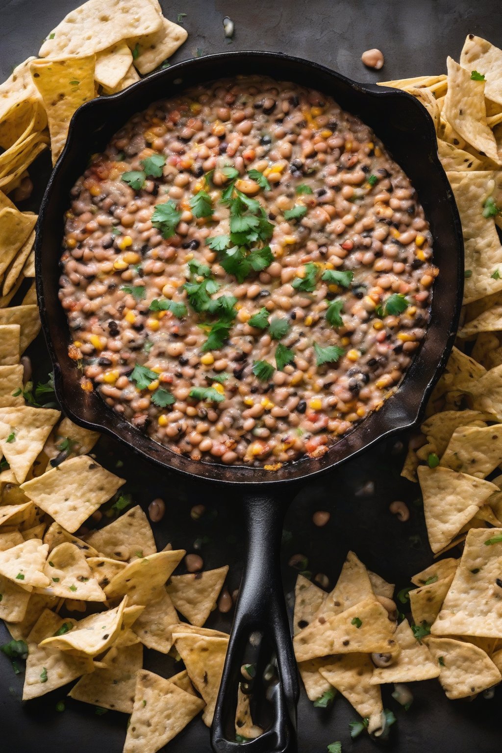 A high-resolution photo of bubbly black eyed pea dip in a cast-iron skillet with tortilla chips under soft lighting.