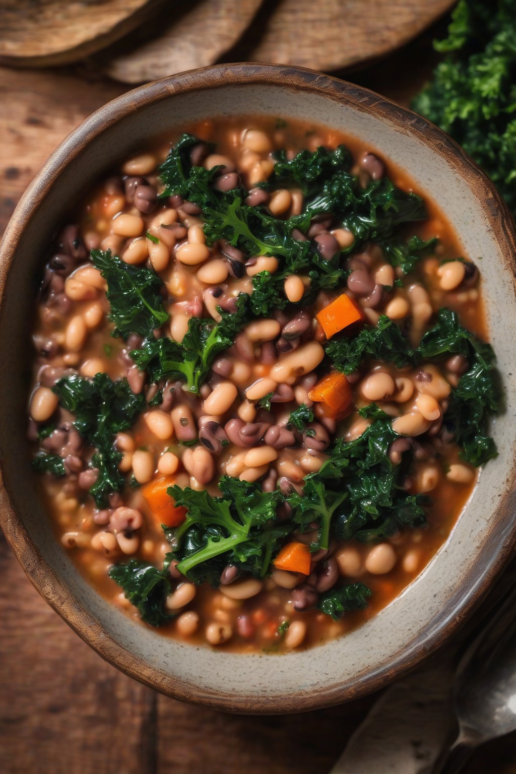 A high-resolution photo of black eyed pea stew in a deep bowl with kale garnish under soft lighting.