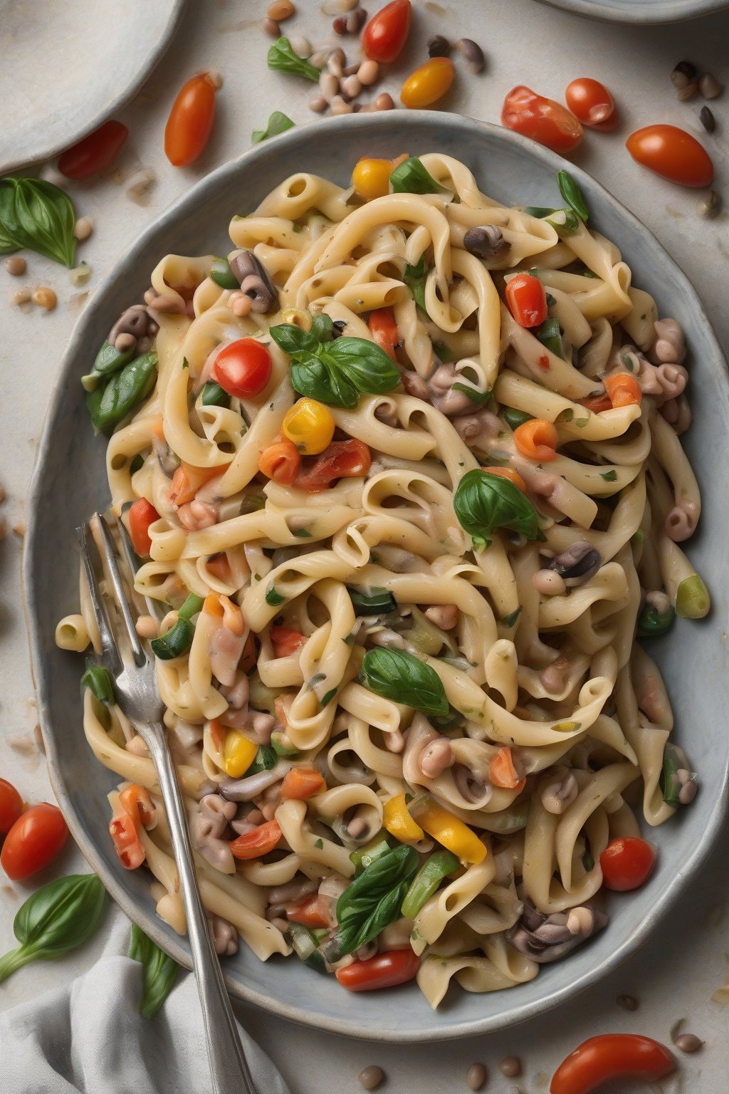 A high-resolution photo of black eyed pea pasta primavera twirled on a fork under soft lighting.