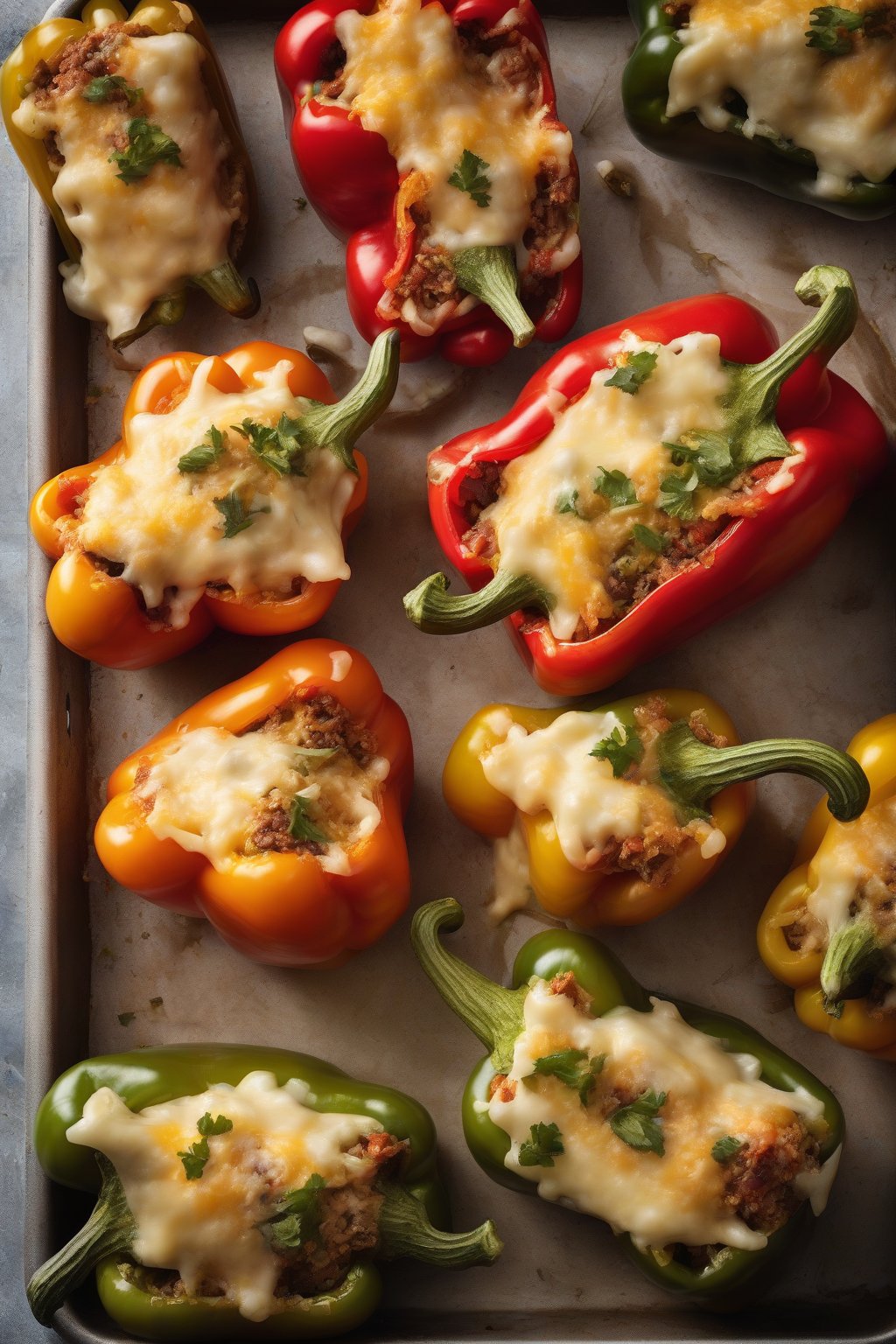 A high-resolution photo of halved stuffed peppers oozing cheese on a baking tray under soft lighting.