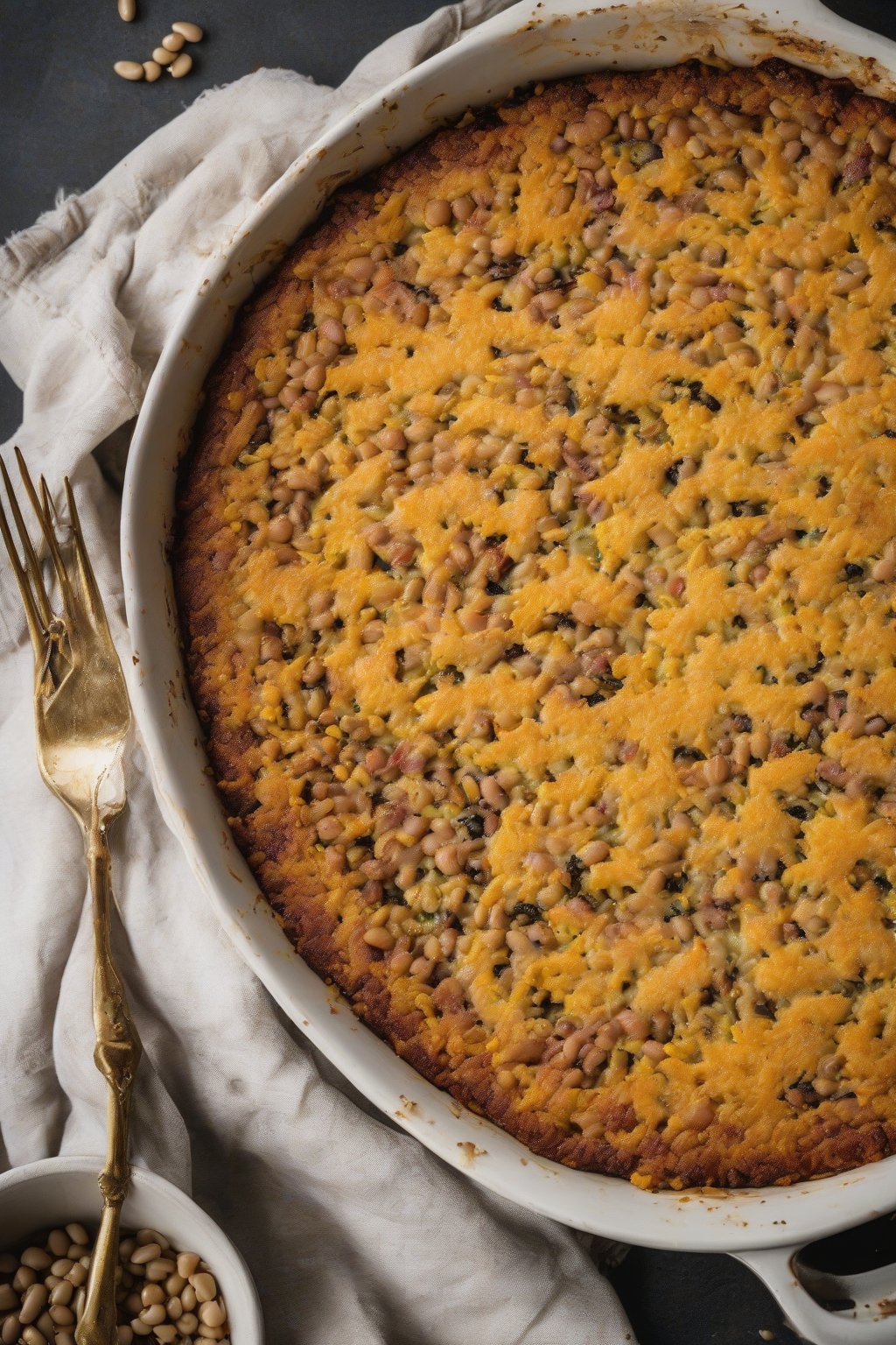 A high-resolution photo of sliced black eyed pea cornbread casserole with golden crust under soft lighting.