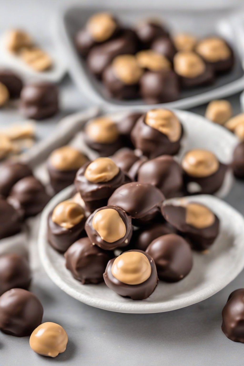 A high-resolution photo of classic peanut butter buckeyes with chocolate coating and exposed peanut butter centers on a white plate under soft lighting.