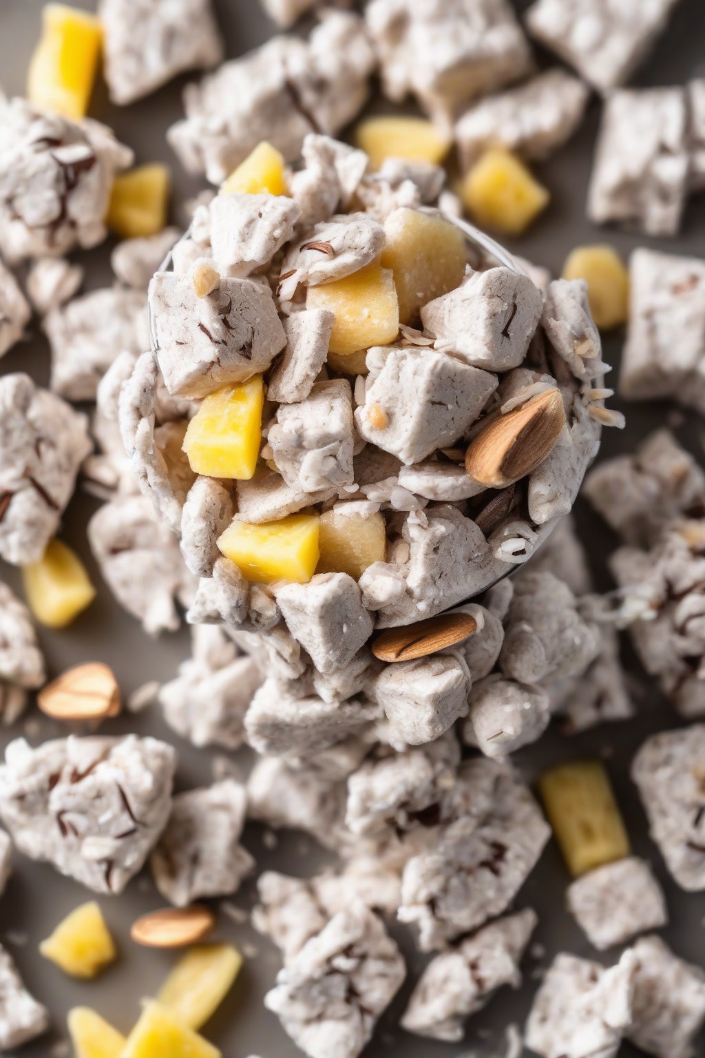 A high-resolution close-up photo of almond joy muddy buddies with coconut shreds and pineapple bits under soft lighting.