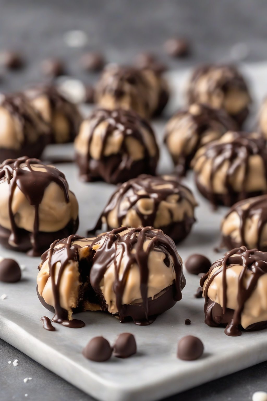 A high-resolution photo of chocolate peanut butter buckeyes drizzled with extra chocolate under soft lighting.