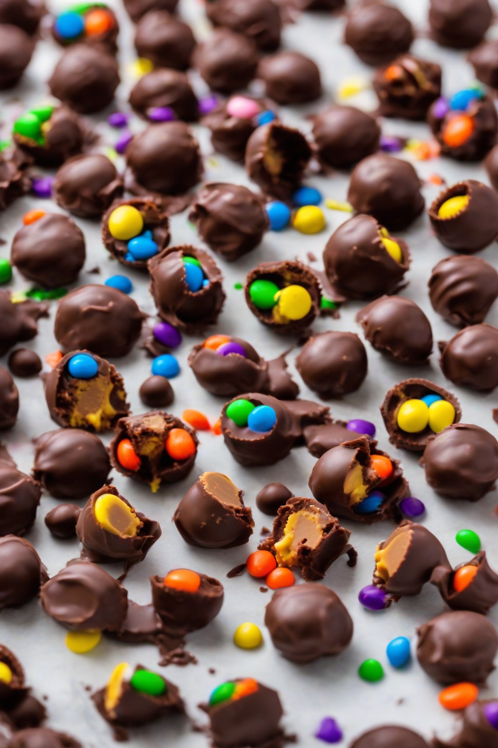 A high-resolution photo of Reese's buckeyes with colorful candy bits peeking through chocolate under soft lighting.