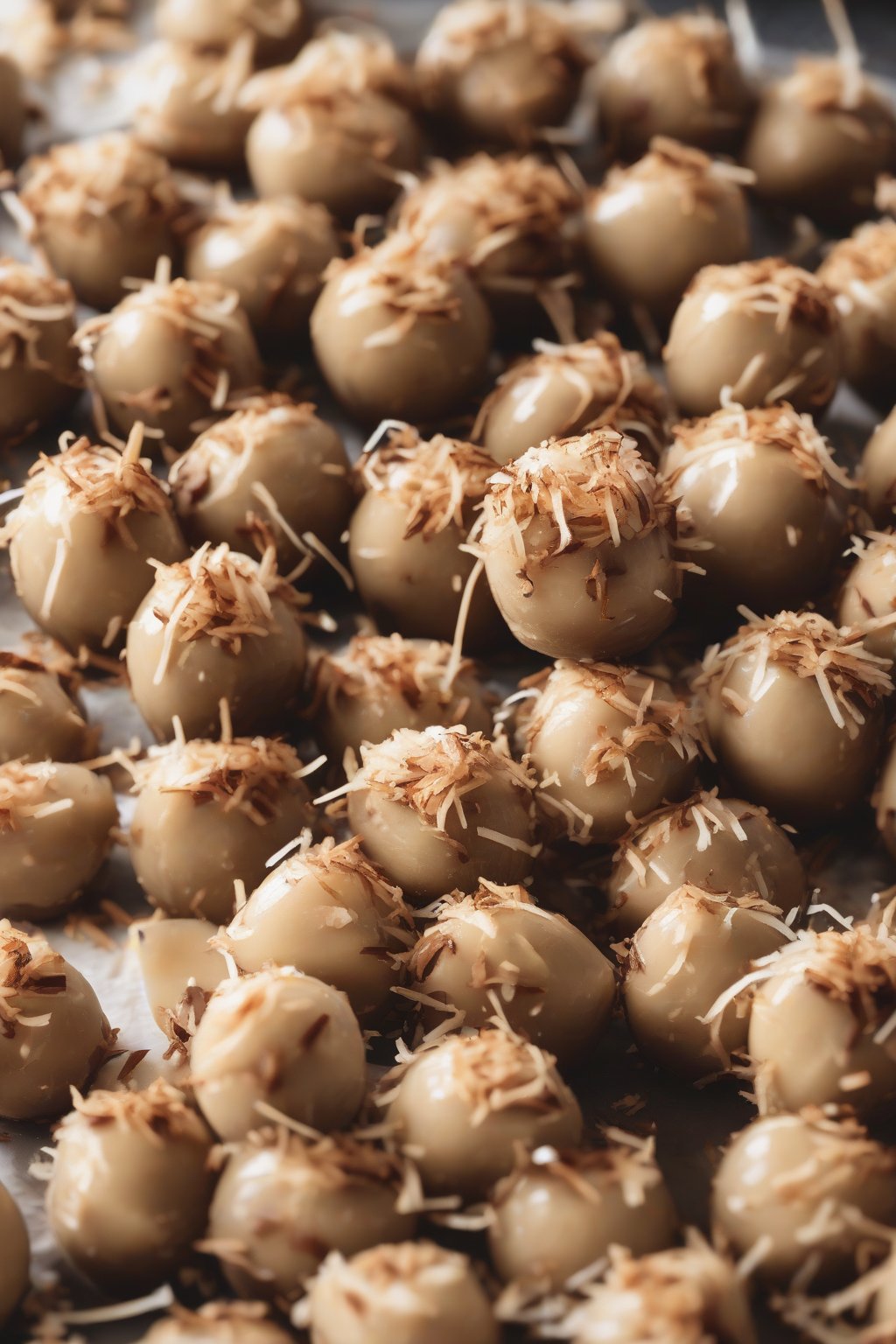 A high-resolution photo of coconut buckeyes topped with toasted shreds under soft lighting.