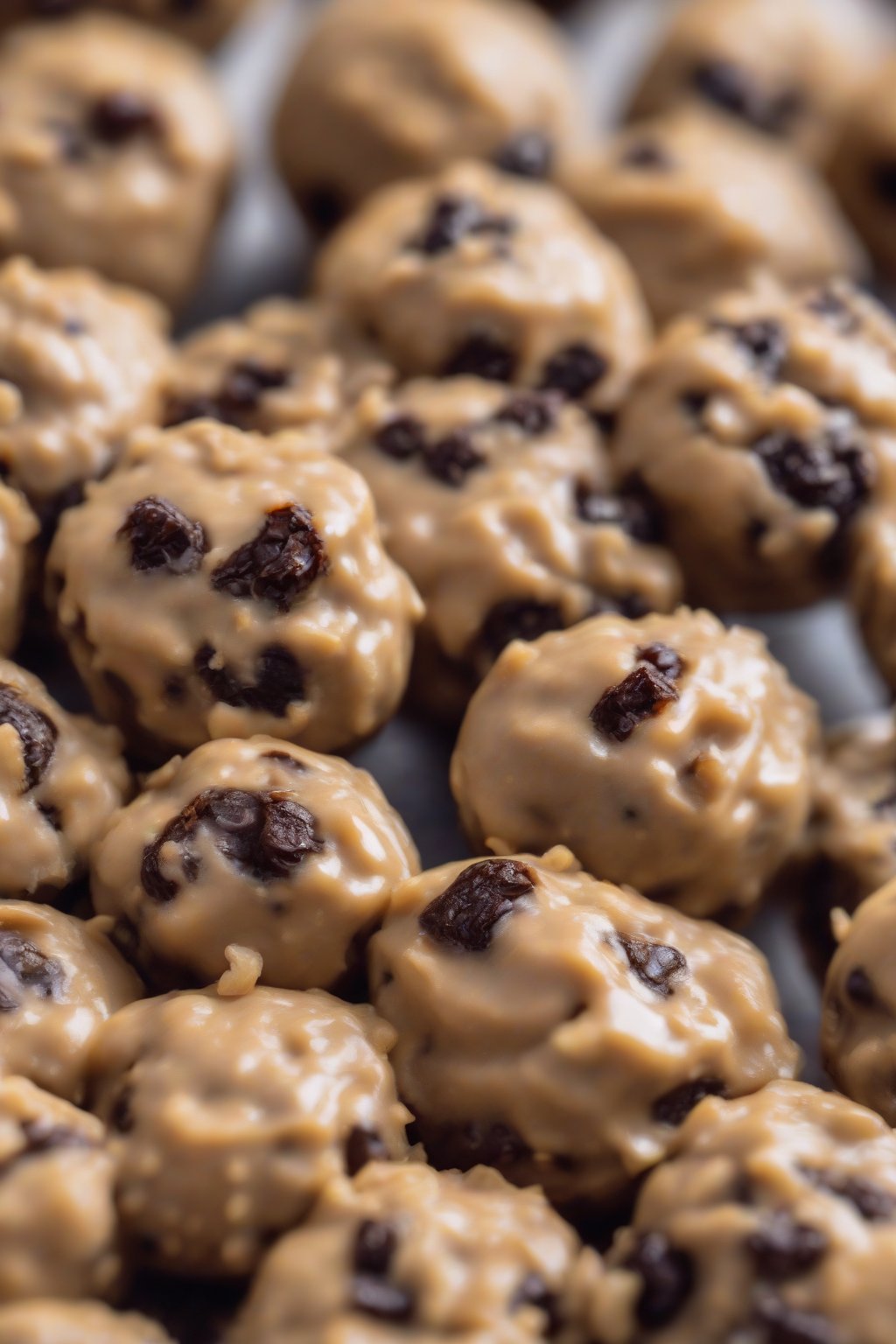 A high-resolution photo of oatmeal raisin buckeyes with oats visible in the peanut butter center under soft lighting.