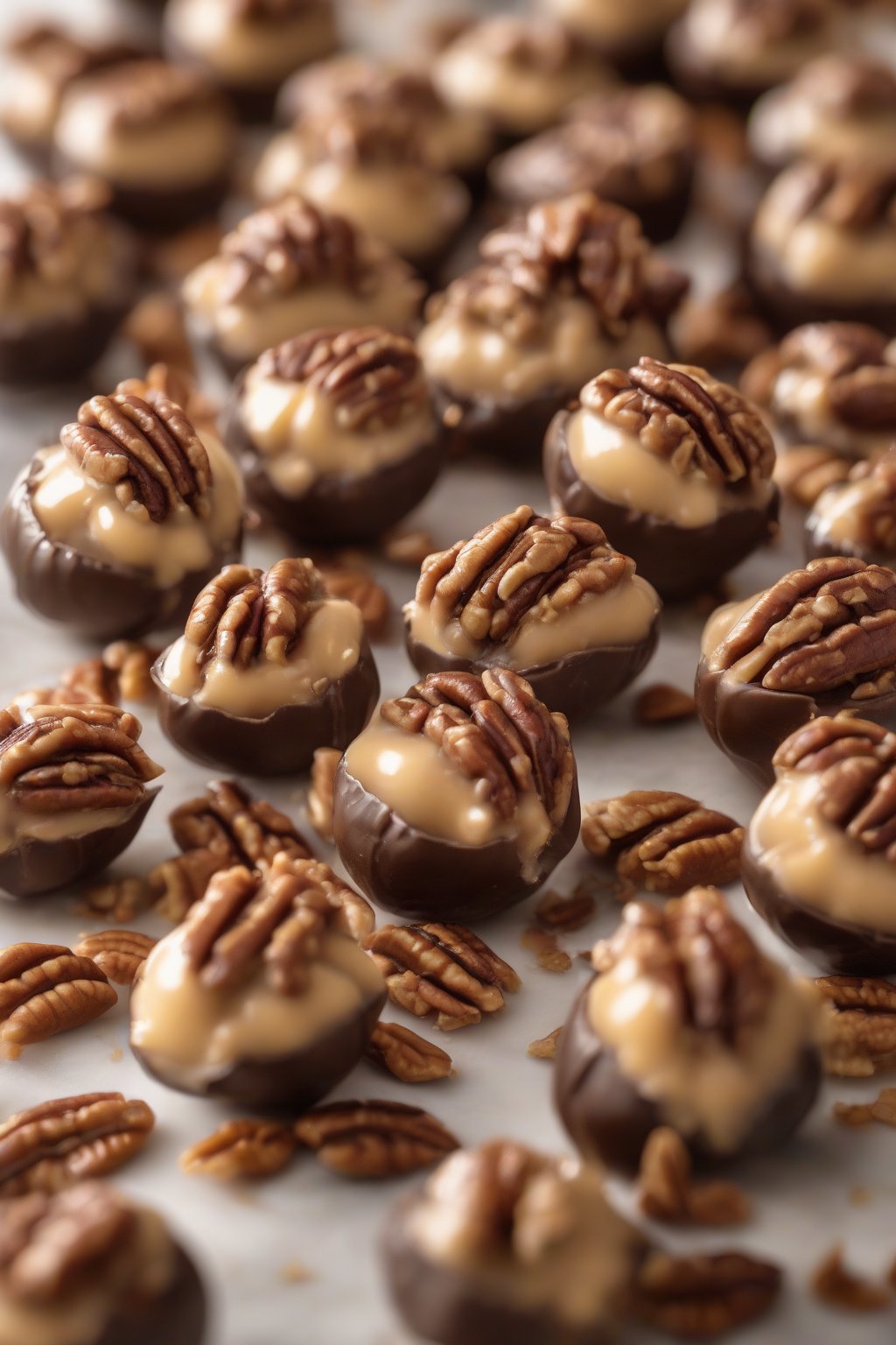 A high-resolution photo of maple pecan buckeyes garnished with pecan halves under soft lighting.