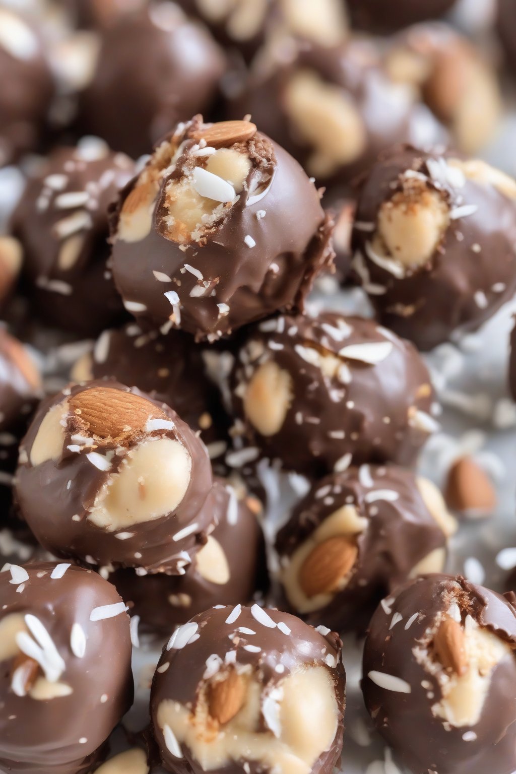 A high-resolution photo of almond joy buckeyes with coconut flecks under soft lighting.