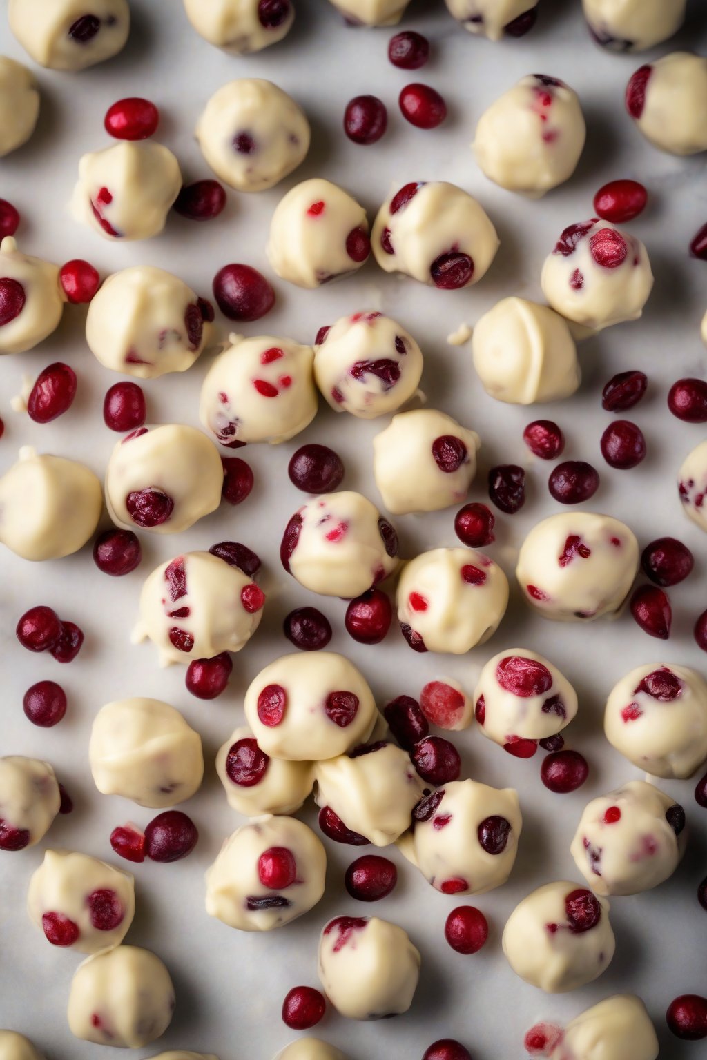 A high-resolution photo of white chocolate cranberry buckeyes with red pops of fruit under soft lighting.