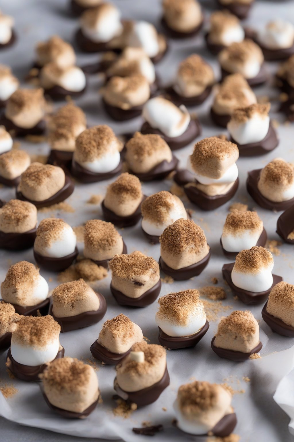 A high-resolution photo of s'mores buckeyes with graham crumbs on top under soft lighting.