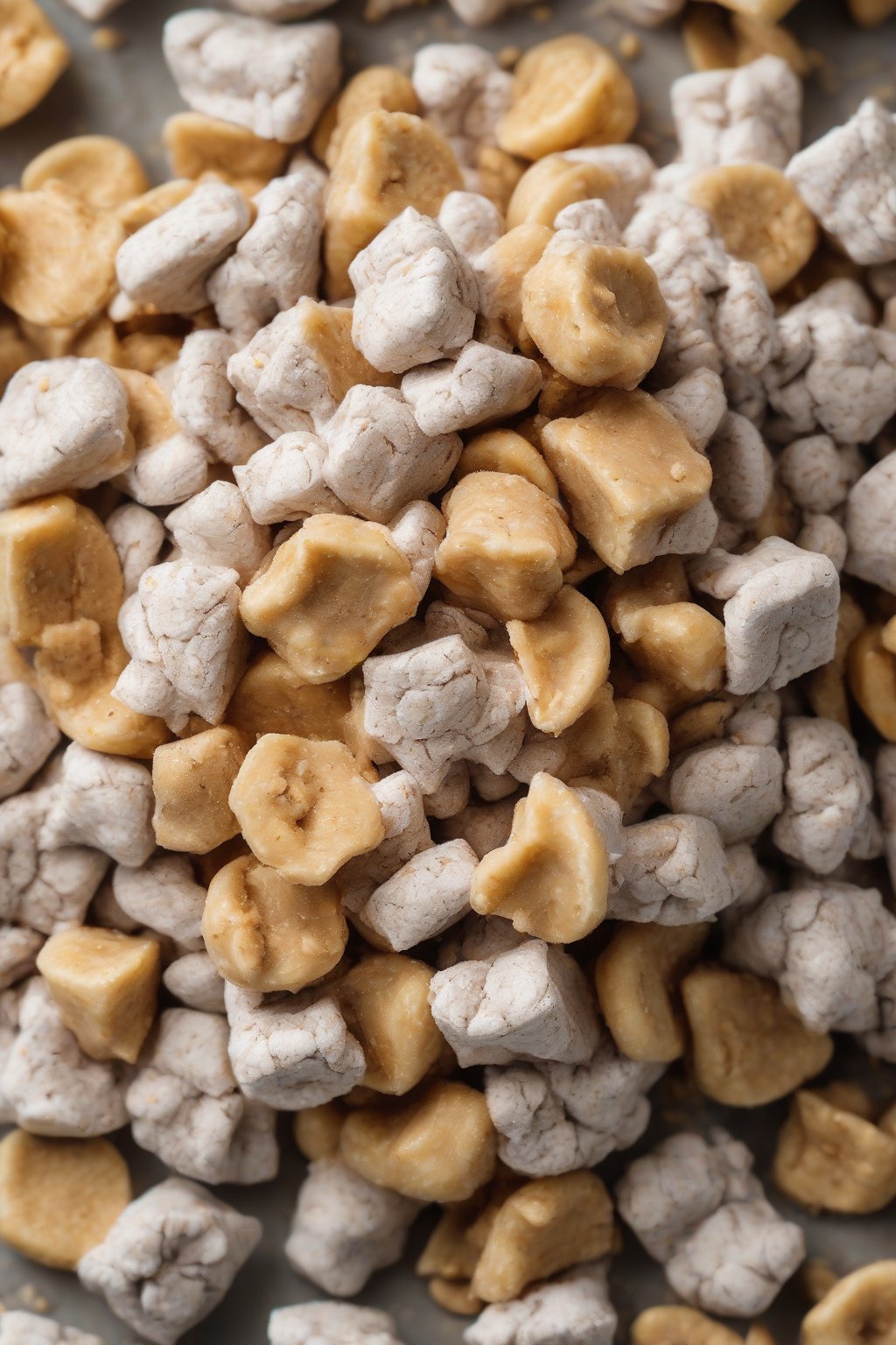 A high-resolution close-up photo of peanut butter banana chip muddy buddies with golden chips under soft lighting.