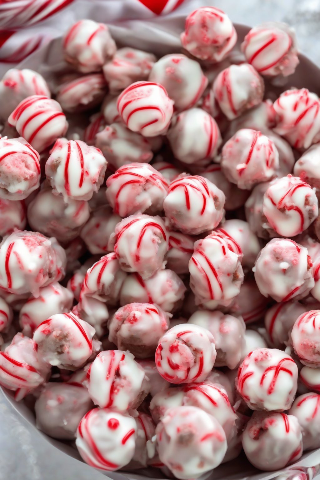 A high-resolution photo of peppermint buckeyes with candy cane crunch under soft lighting.
