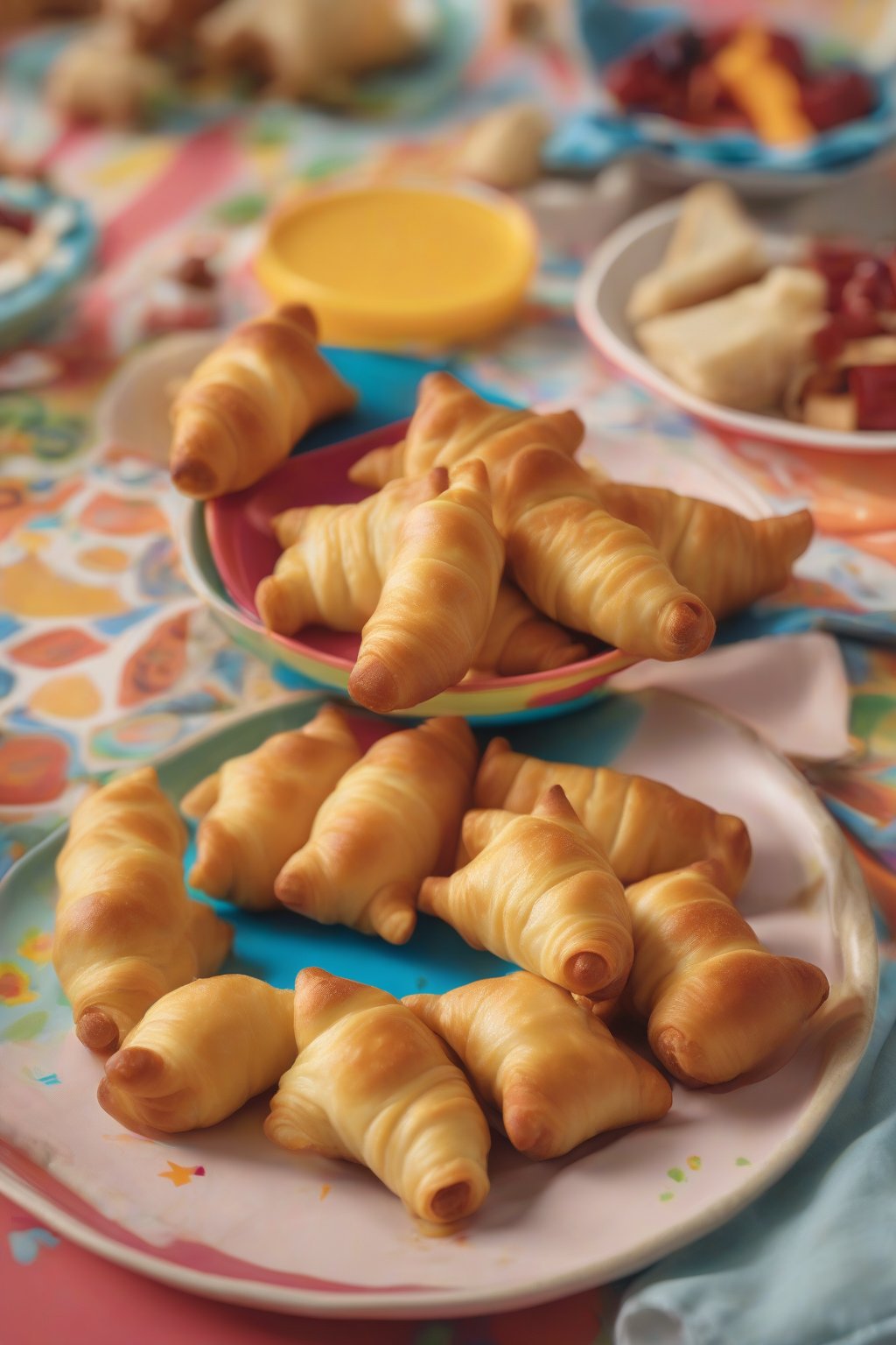A high-resolution photo of golden cheesy pigs in a blanket on a colorful kids' plate under soft lighting.