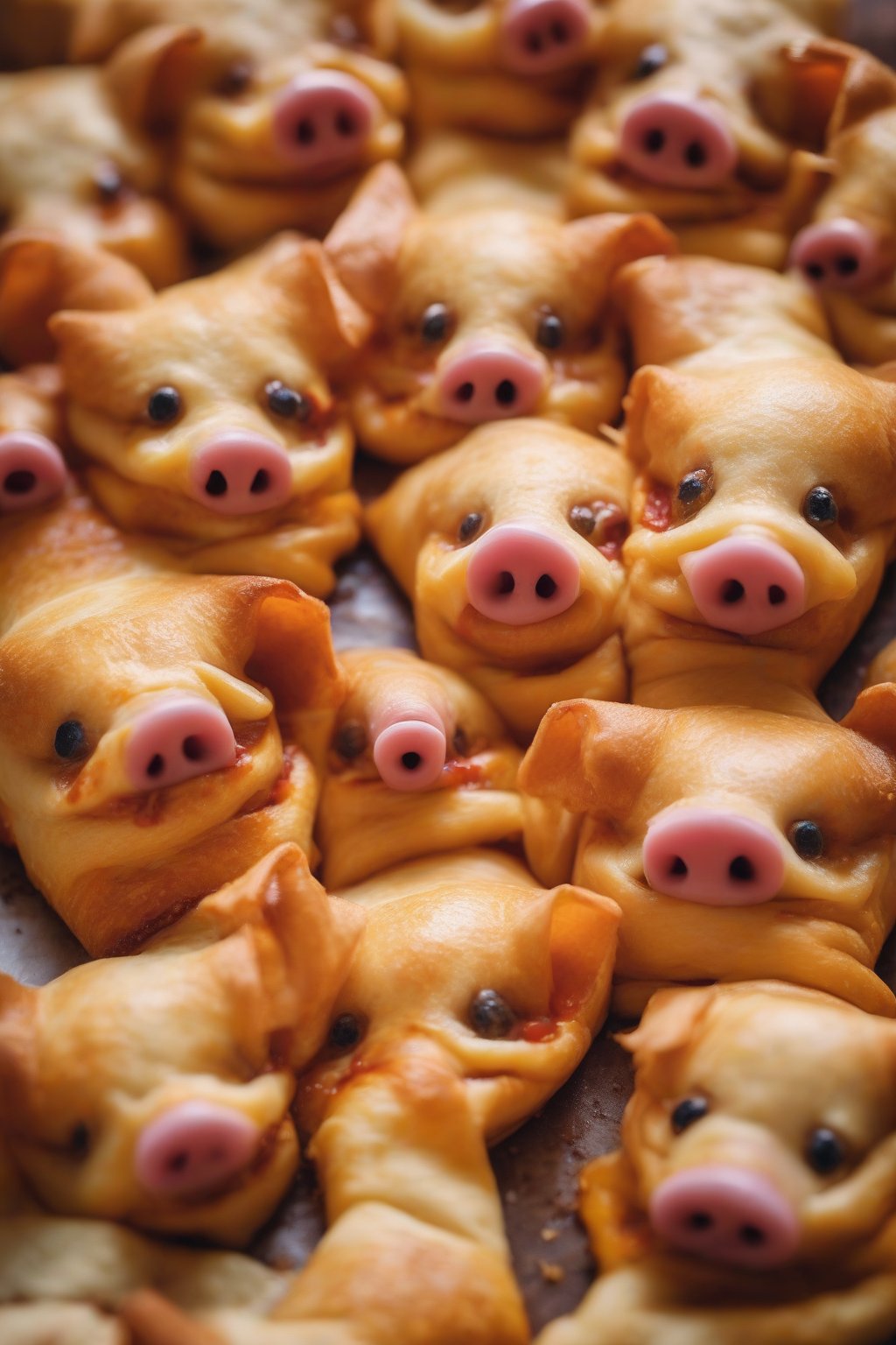 A close-up photo of pizza pigs in a blanket oozing cheese, arranged like party hats under soft lighting.