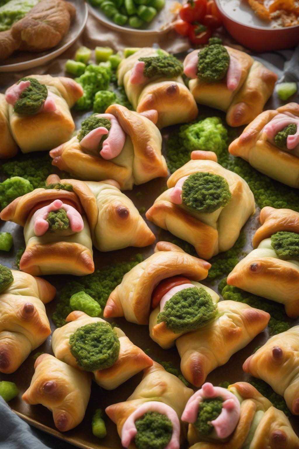 A high-resolution photo of veggie pigs in a blanket cut in half to show green flecks, on a fun veggie-themed platter under soft lighting.