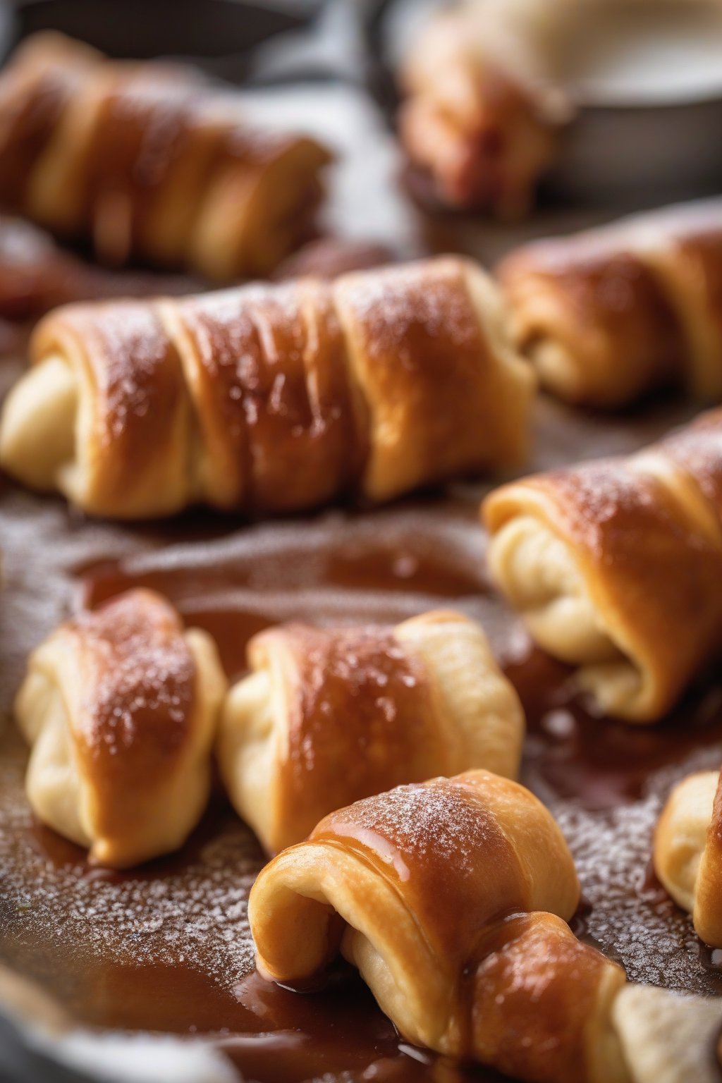 A close-up photo of maple-glazed breakfast pigs in a blanket dusted with sugar, stacked like pancakes under soft lighting.