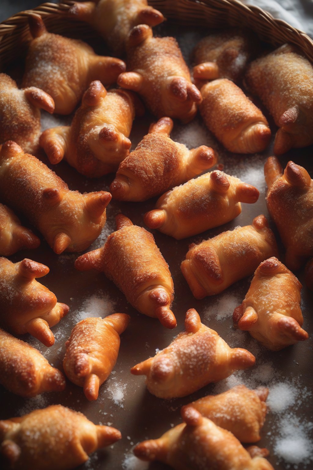 A high-resolution photo of pretzel-crusted pigs in a blanket with coarse salt crystals, served in a basket under soft lighting.