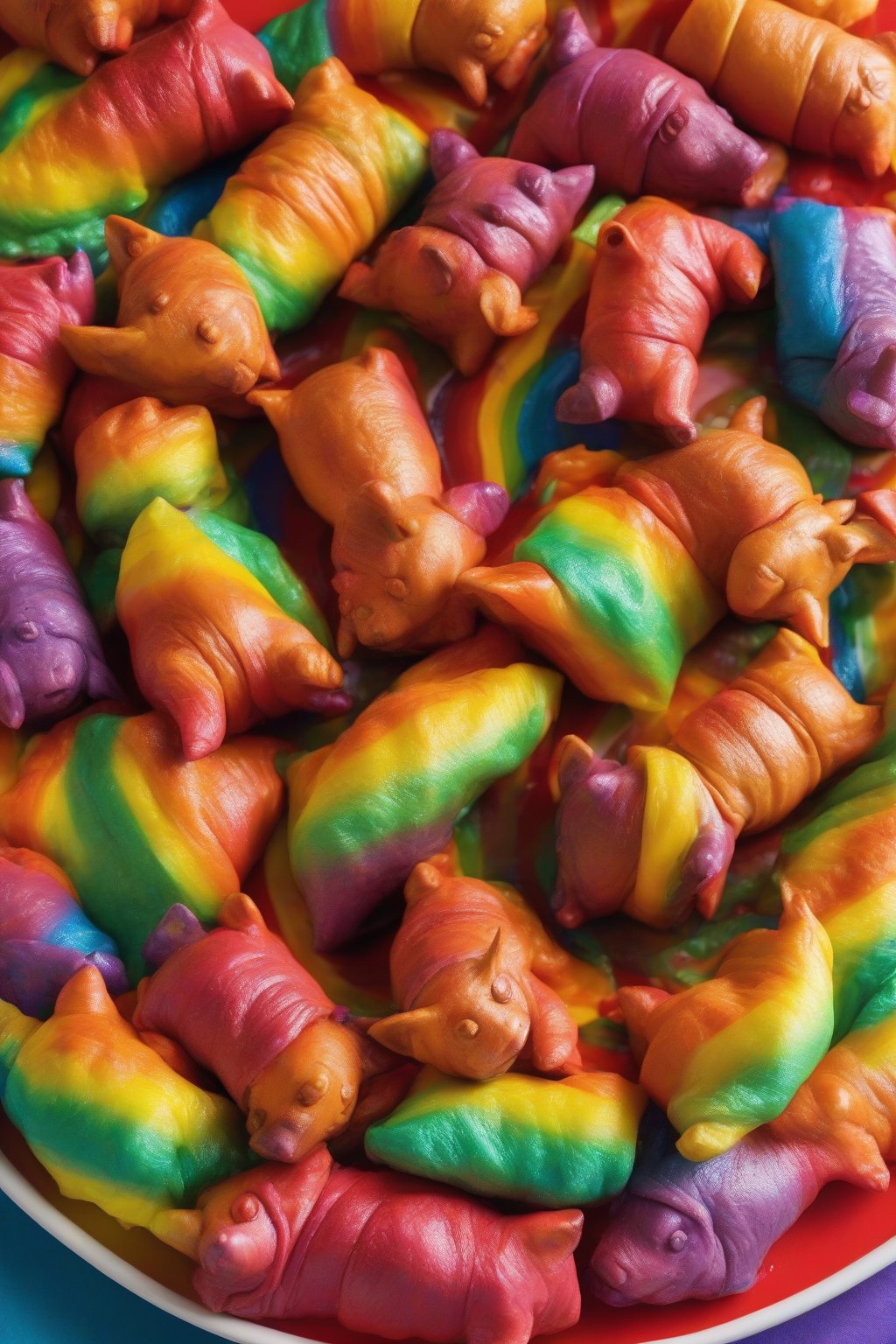 A close-up photo of rainbow pigs in a blanket sliced to reveal vibrant pepper colors, on a rainbow plate under soft lighting.