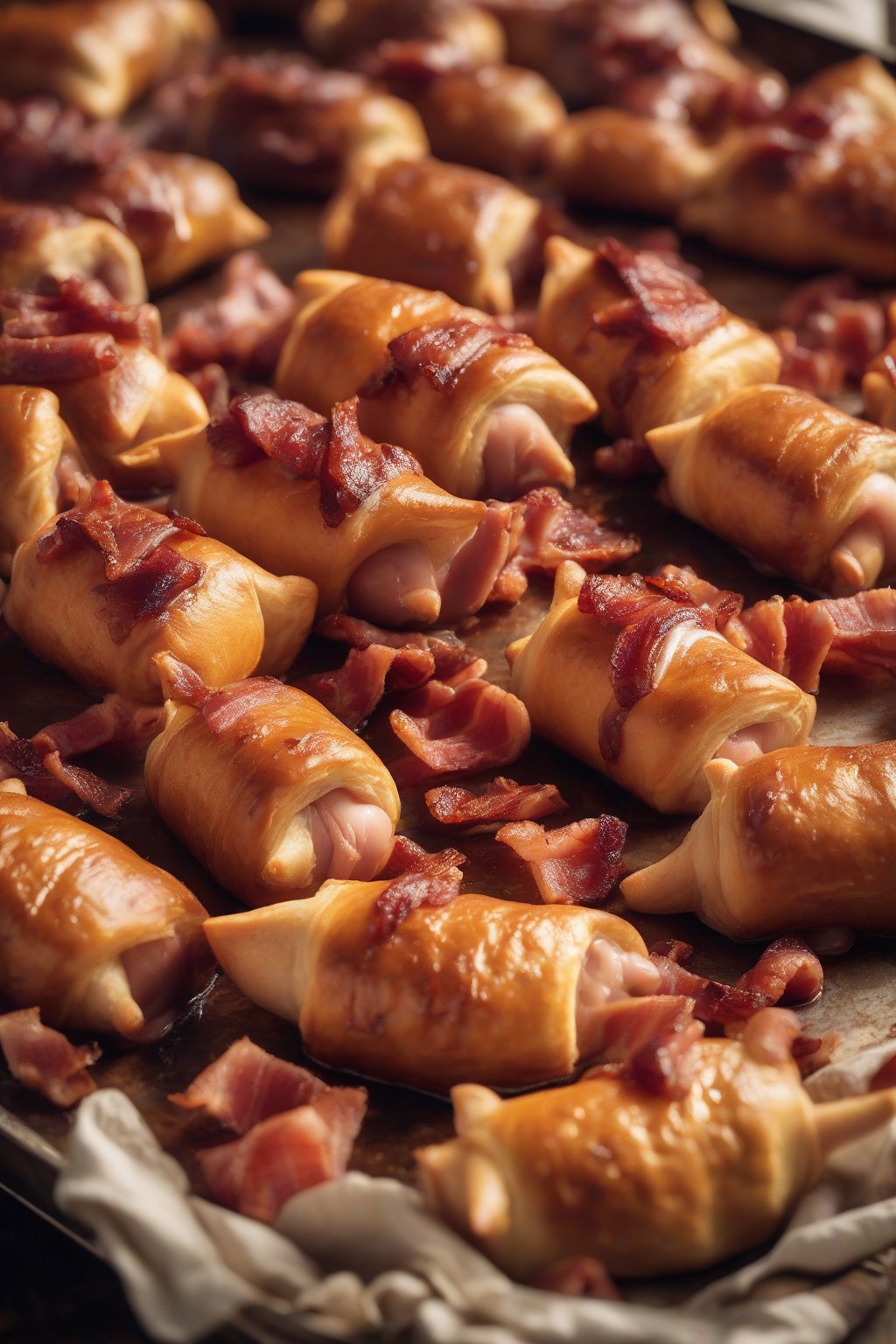 A close-up photo of BBQ pigs in a blanket glistening with sauce and bacon bits, on a picnic-style tray under soft lighting.