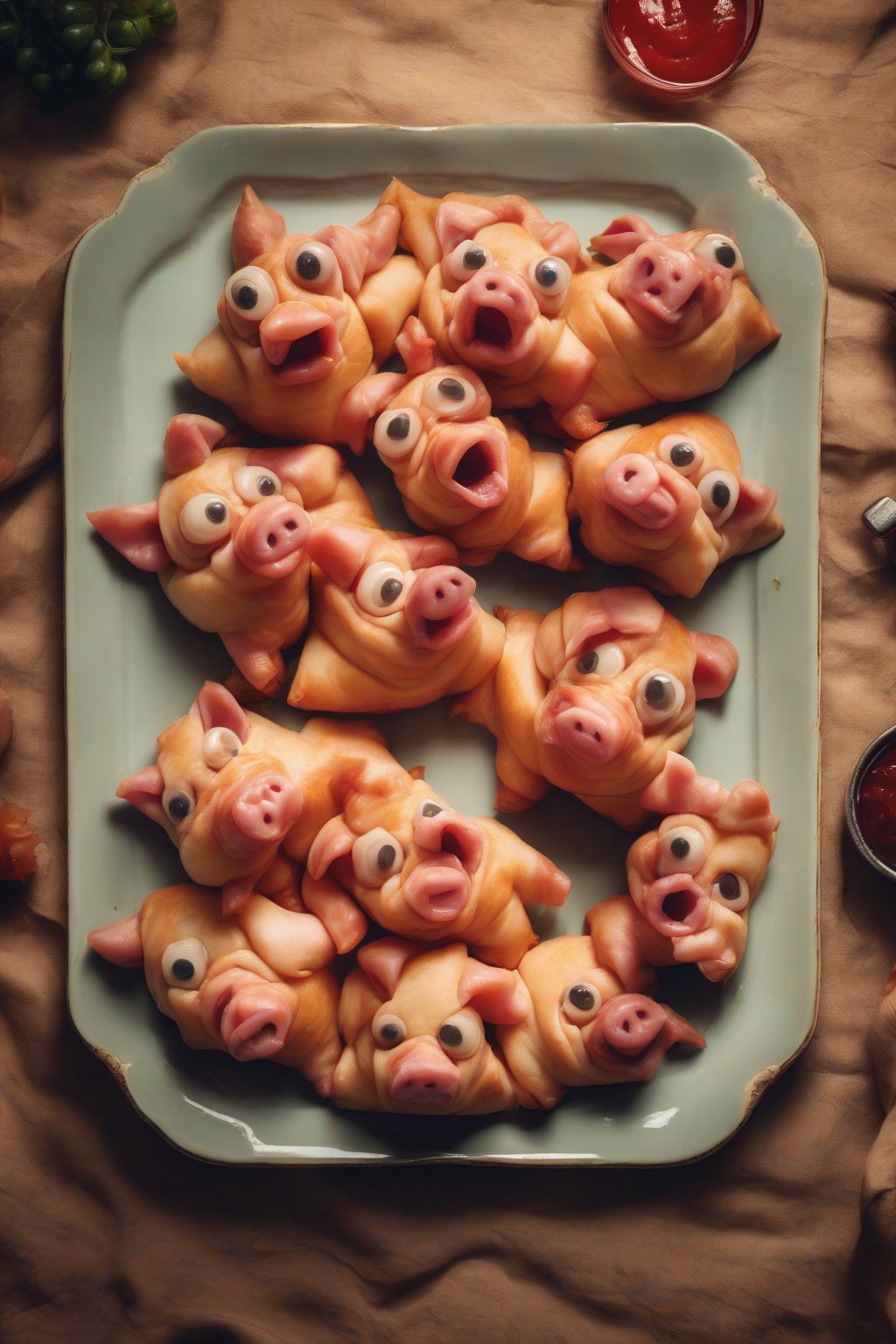 A high-resolution photo of dino-shaped pigs in a blanket with ketchup eyes, roaring on a Jurassic plate under soft lighting.