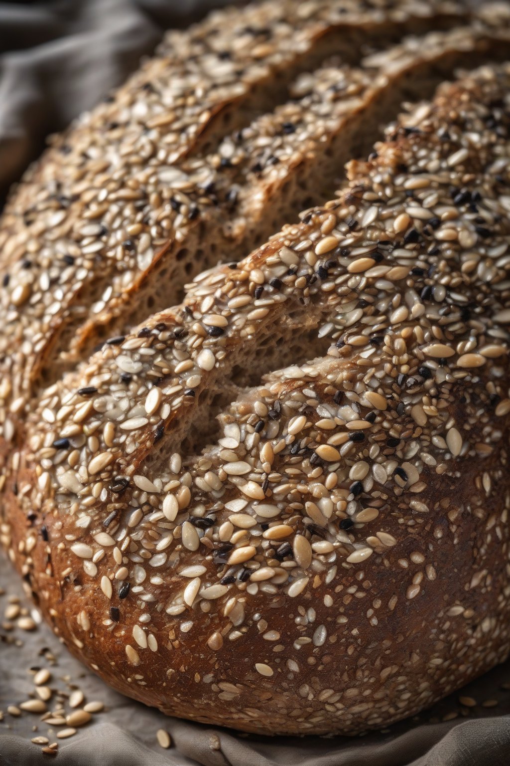 A high-resolution photo of seeded multigrain sourdough topped with glistening seeds, rustic texture, under soft lighting.