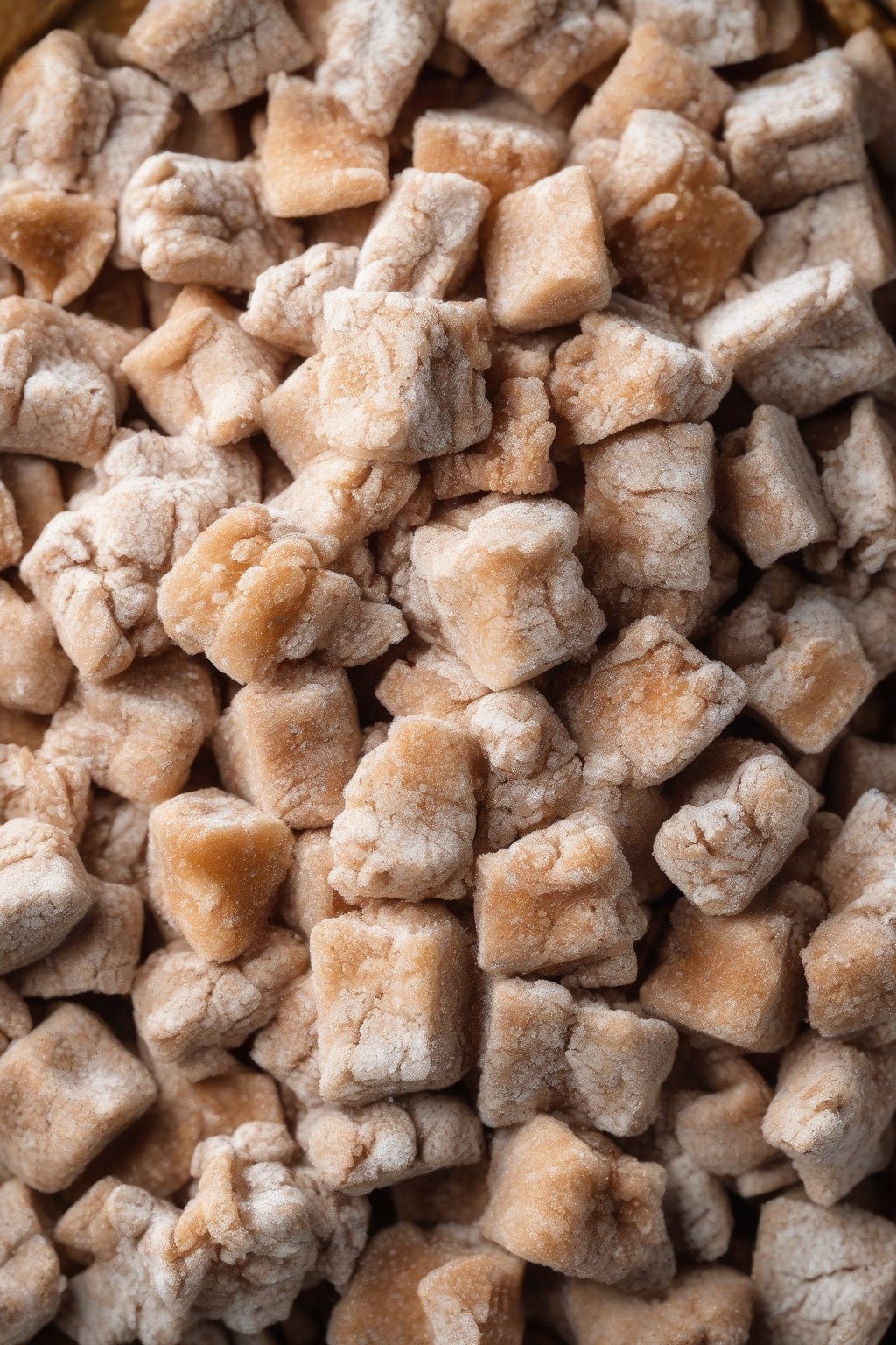A high-resolution close-up photo of cinnamon apple pie muddy buddies dusted heavily with sugar under soft lighting.