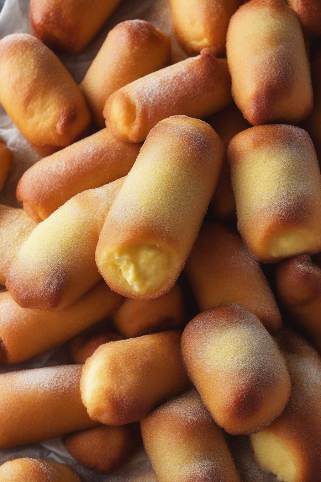 A close-up photo of golden corn dog pigs in a blanket with cornmeal texture, piled like a fair midway under soft lighting.