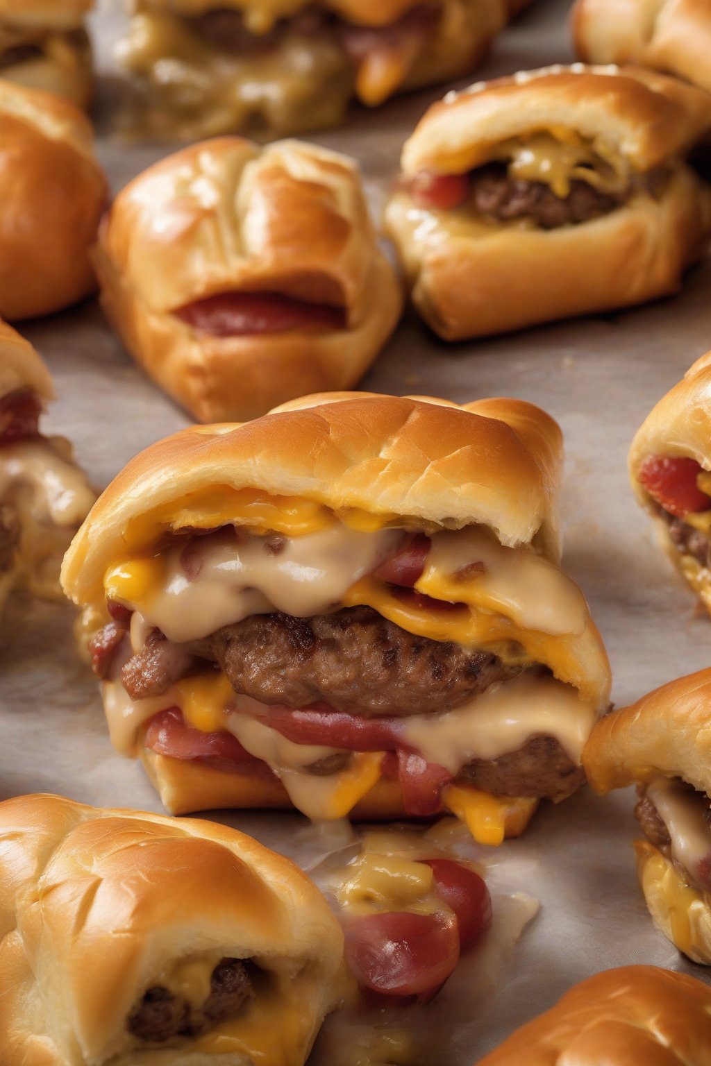 A high-resolution photo of cheeseburger pigs in a blanket halved to show melty filling, burger-style under soft lighting.
