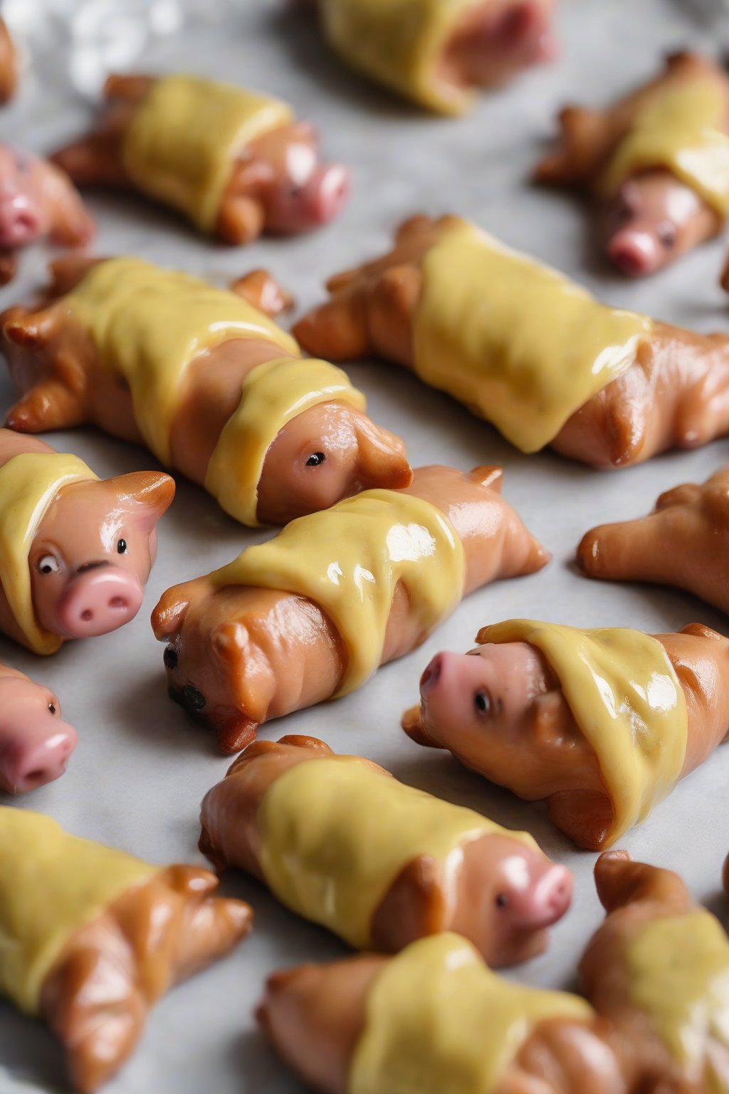 A close-up photo of gluten-free pigs in a blanket shining with mustard glaze, posed like caped heroes under soft lighting.