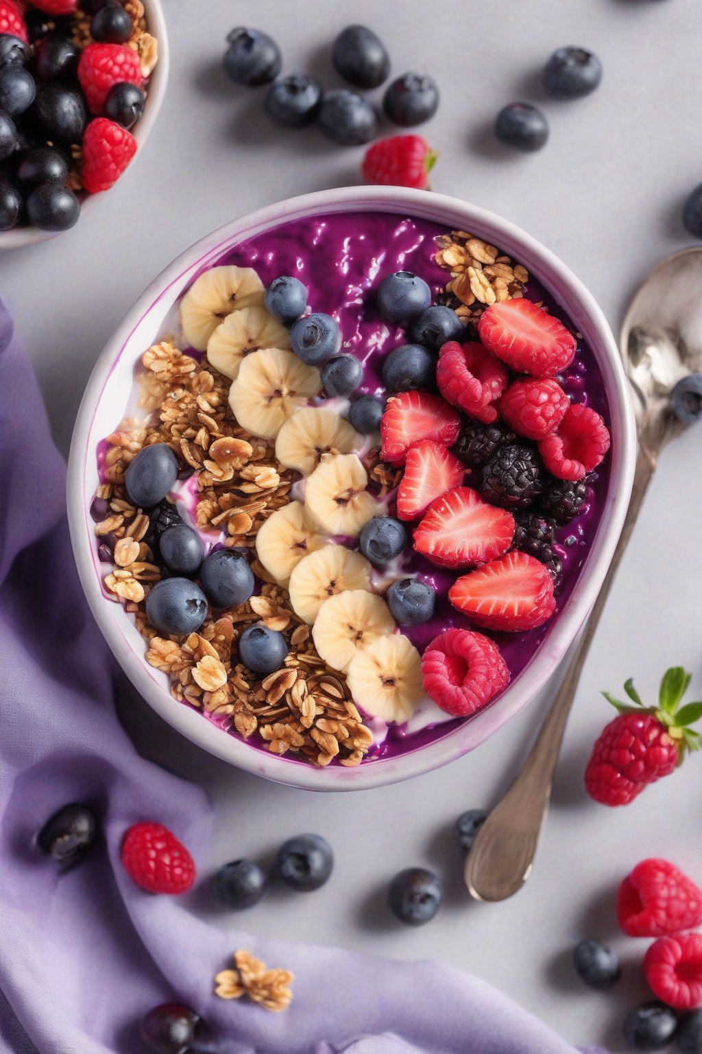 A high-resolution photo of a vibrant purple classic berry acai bowl topped with granola and fresh berries under soft lighting.